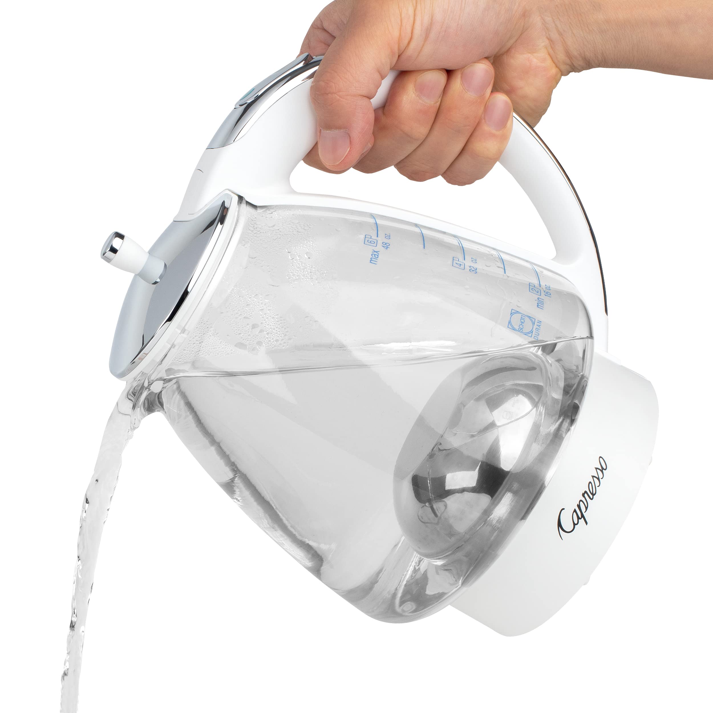 Capresso H2O Glass Kettle, 240.02, White and polished chrome, 48 ounces