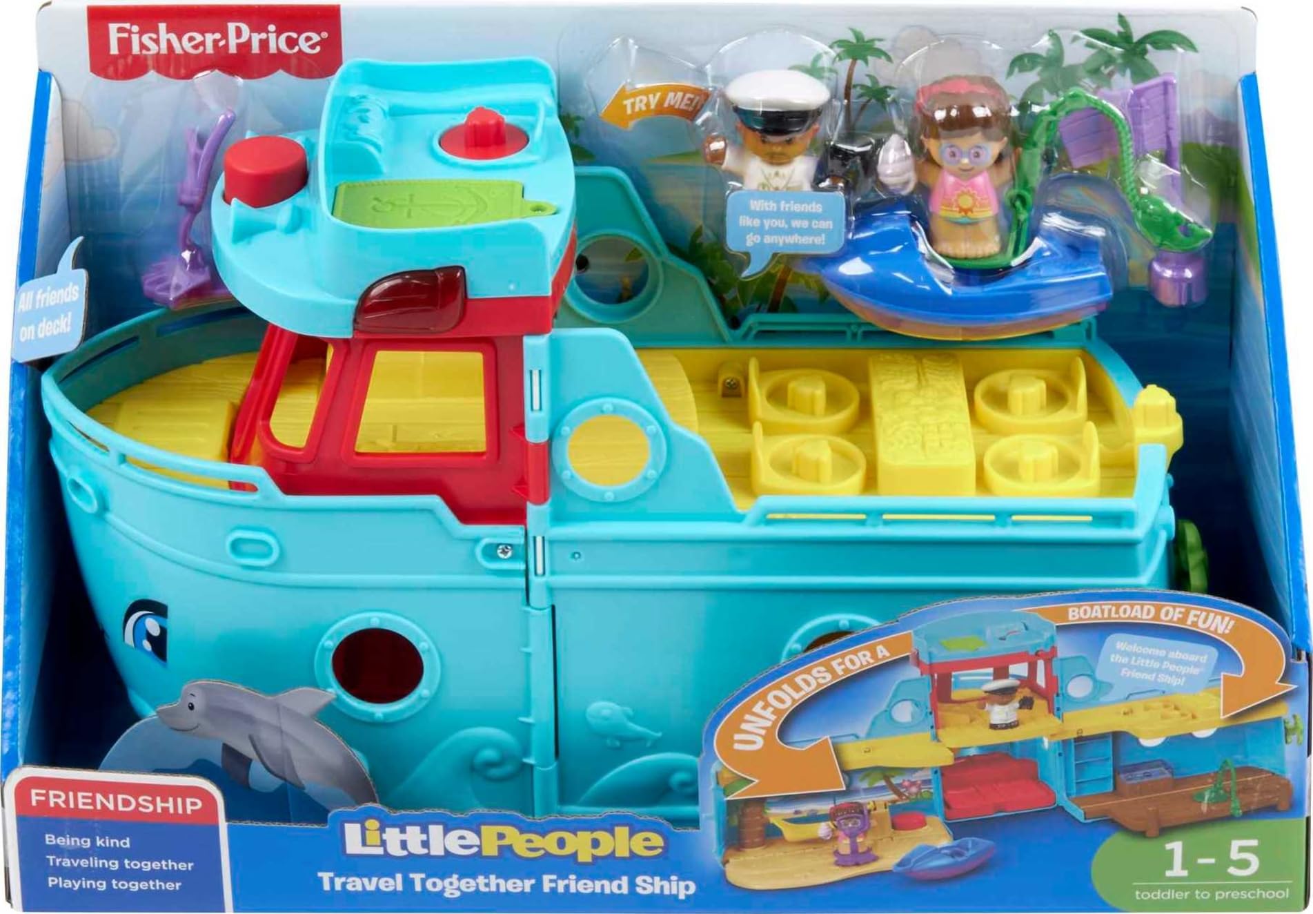 Fisher-Price Little People Toddler Toy Travel Together Friend Ship Musical Playset with 2 Figures for Pretend Play Kids Ages 1+ Years
