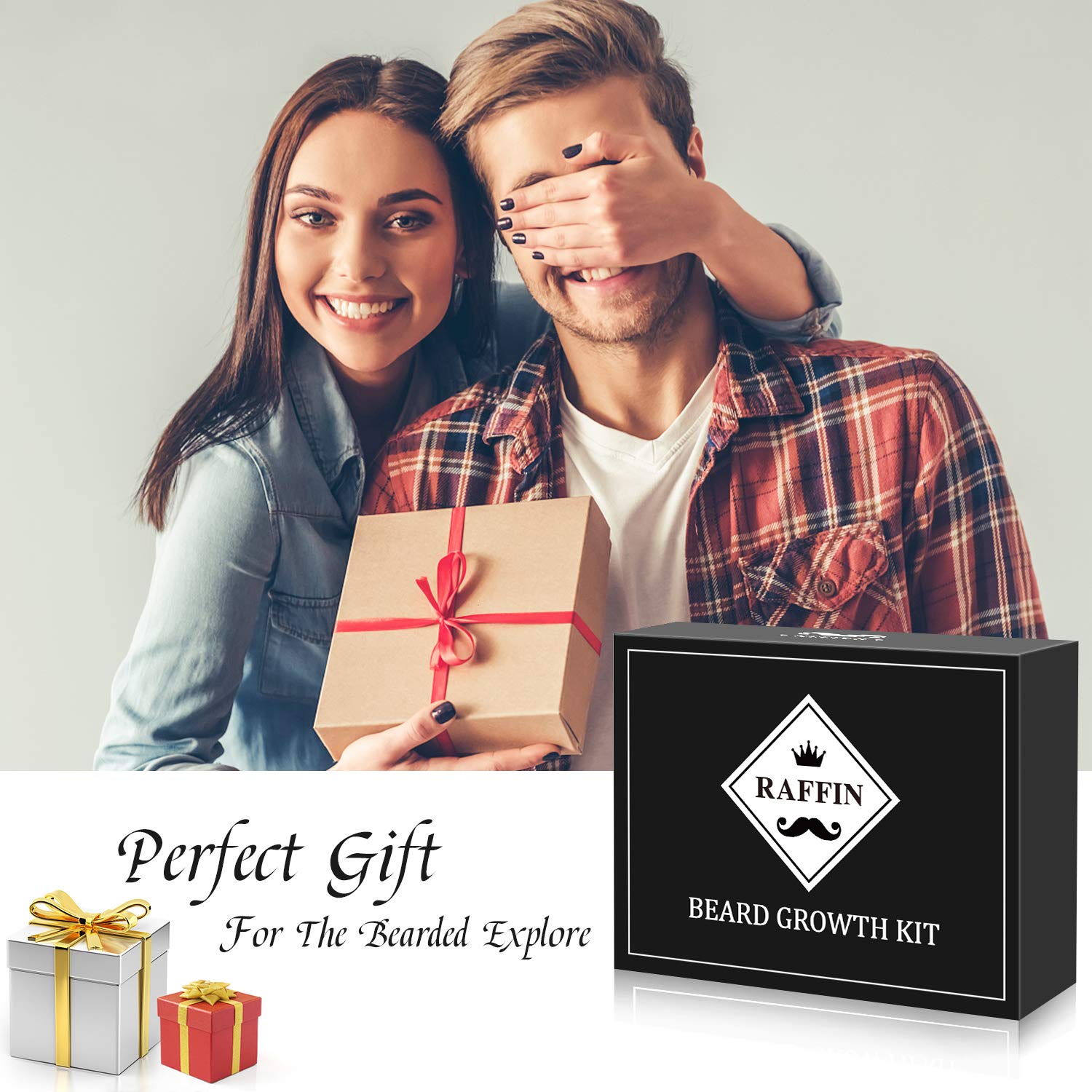 RAFFIN Beard Growth Kit for Men with Beard Growth Oil, Balm, Comb, Massager for Spot/Patchy Facial Hair, Achieve Fuller, Thicker & Healthier Beards, Gifts for Him Boyfriend Husband Dad