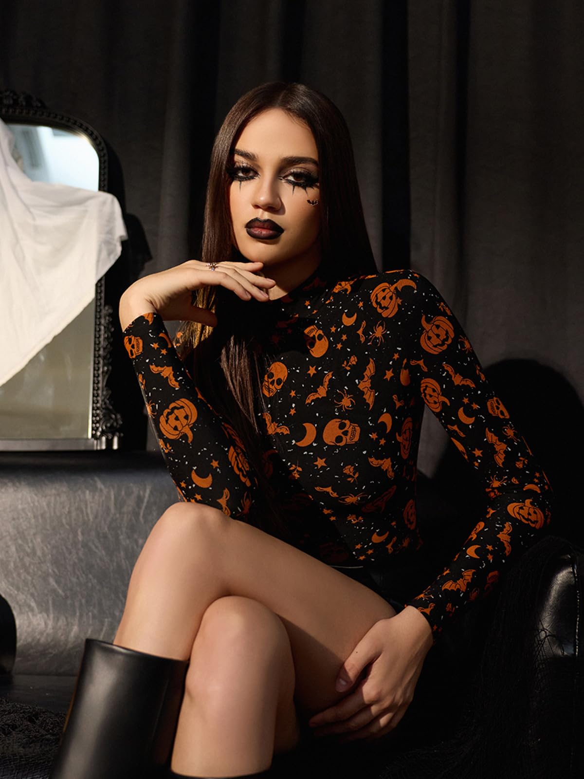 REORIA Halloween Tops for Women Long Sleeve Mock Turtle Neck Shirt Double Lined Layering Slim Thermal Undershirt Winter Clothes(Pumpkin Printed Small)