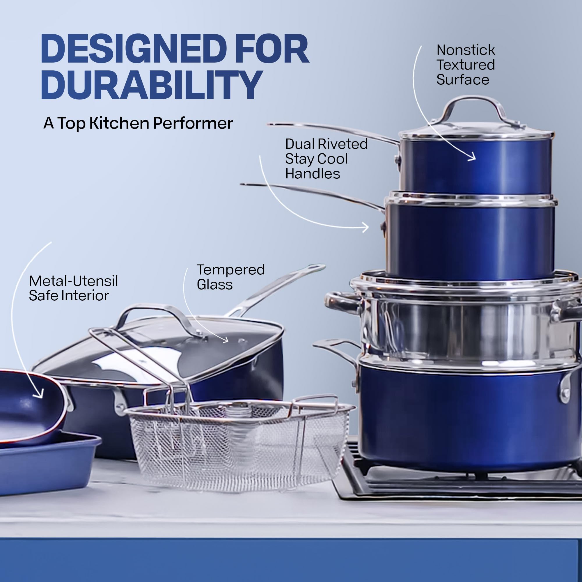Granitestone 10 Pc Pots and Pans Set Non Stick Cookware Set, Kitchen Cookware Sets, Pot and Pan Set, Pot Set, Diamond Coated Nonstick Cookware Set with Lids, Non Toxic, Dishwasher Safe, Blue