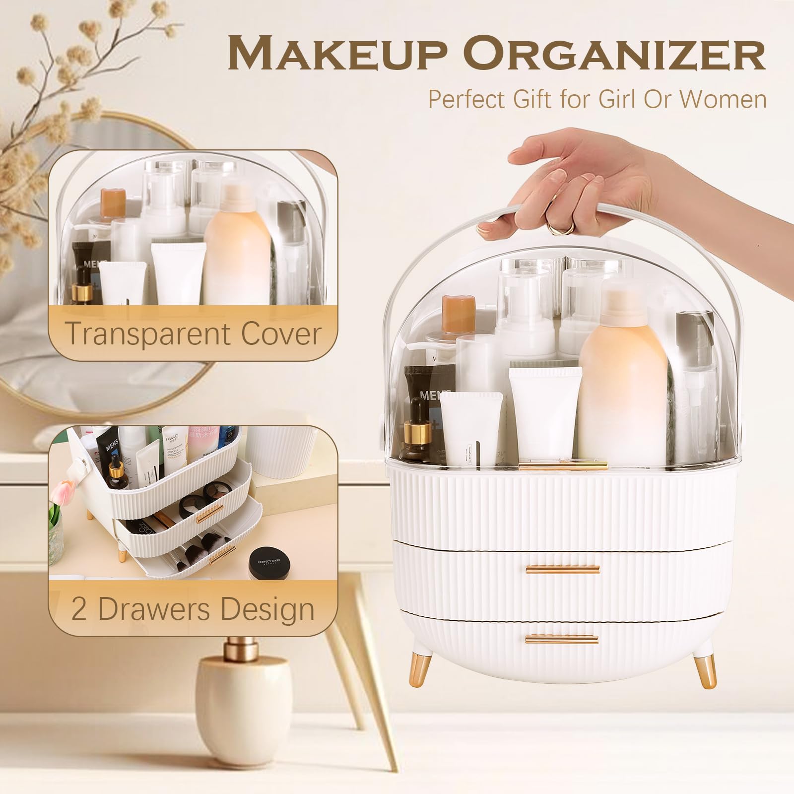 lurcns Makeup Organizers and Storage, Make up Organizer for Vanity Cosmetics Skincare Organizers With Lid and Drawers Display Cases for Countertop(White)