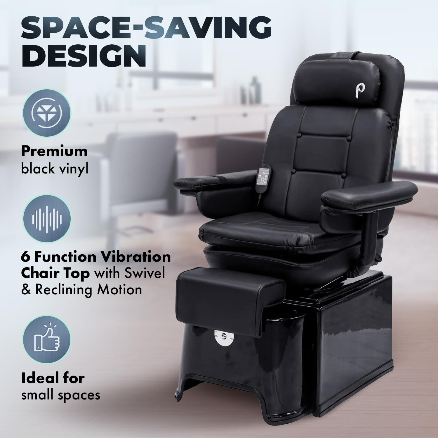 Pibbs PS92 Fiberglass Plumbing Free Pedicure Spa Featuring The Footsie Bath Tub with Disposable Liners, Swivel Chair That Reclines with 6 Vibration Functions & Adjustable Footrest, PIB-PS92
