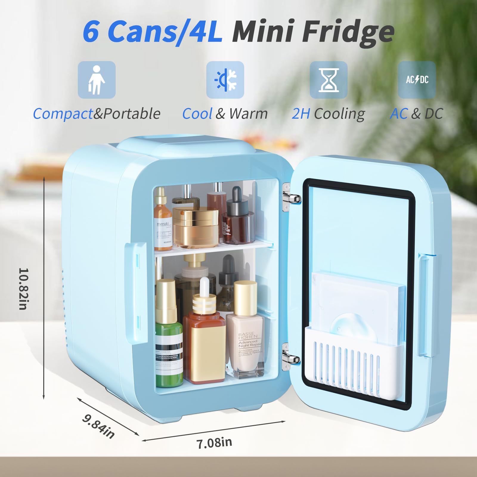 YASHE Mini Skincare Fridge with Dimmable LED Mirror, 4Liter/6 Cans Cooler and Warmer for Makeup, Cosmetic, Beauty, Food, Portable Small Refrigerator for Bedroom, Vanity, Office and Car- Blue