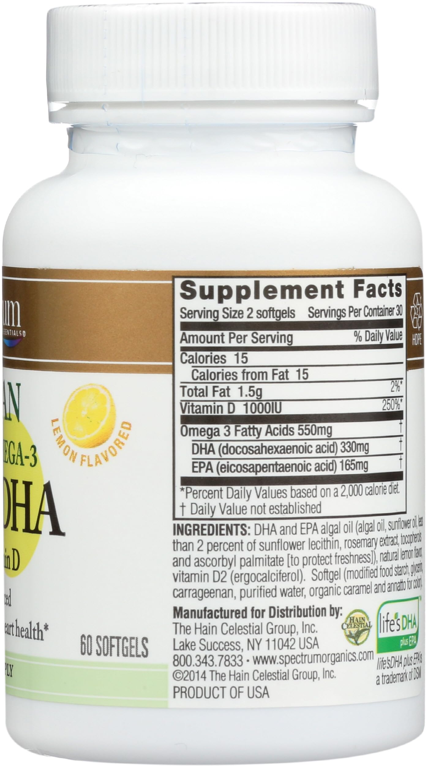 Spectrum Essentials Soft Gels, Vegan Ultra Omega-3 EPA and DHA with Vitamin D, 60 Count