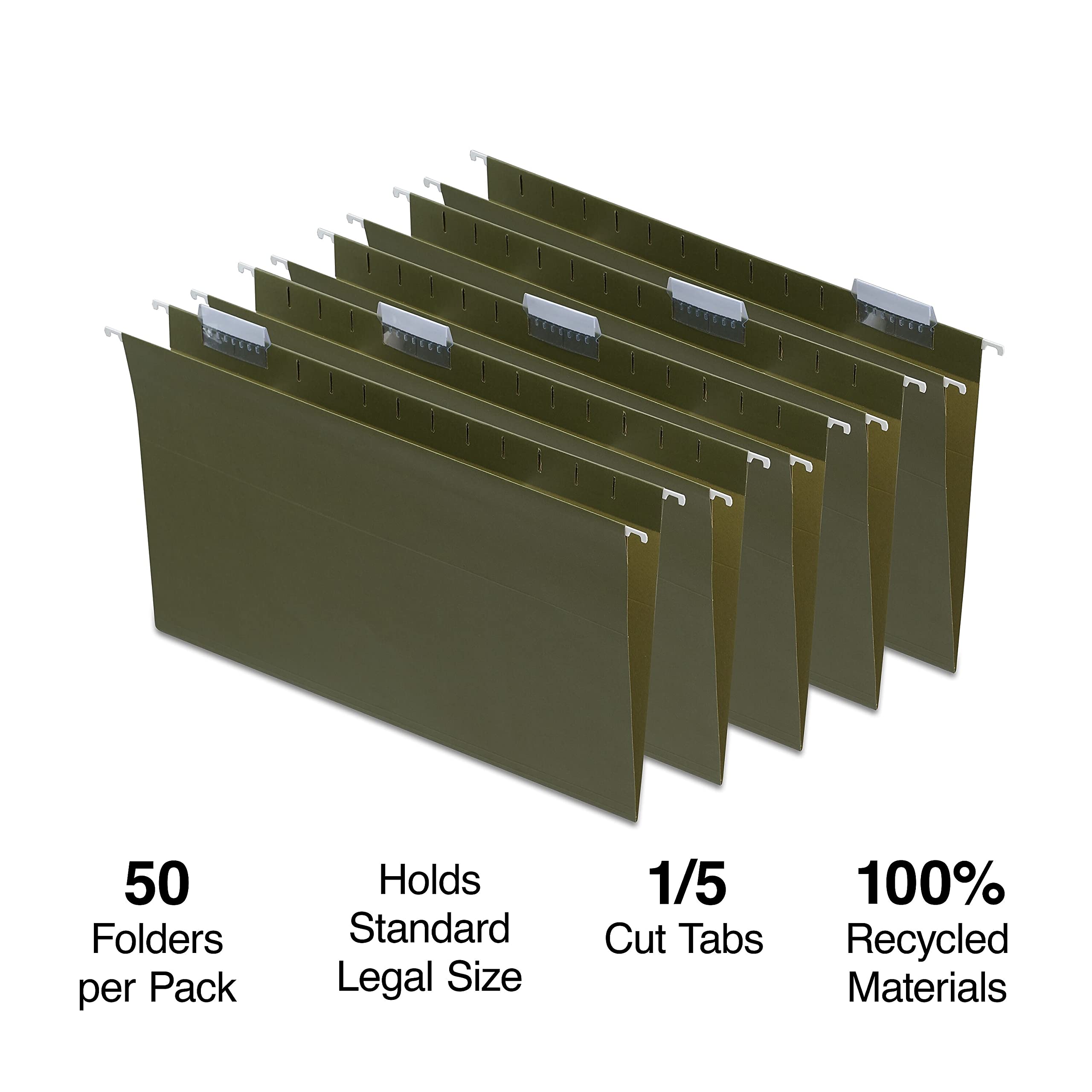 Staples 490853 Recycled Hanging File Folders 5 Tab Legal Size Standard Green 50/BX