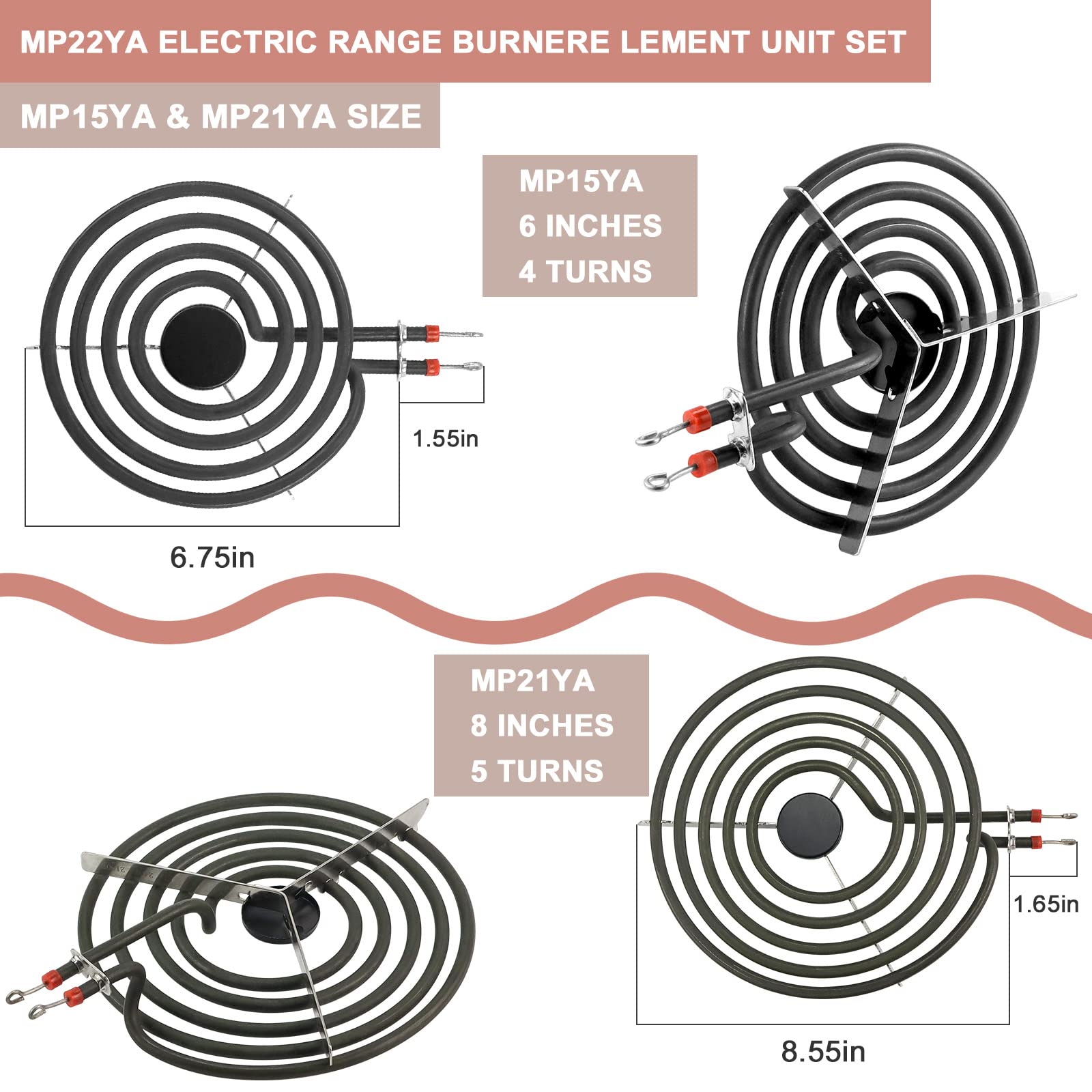 Electric Stove Burner Drip Pans Chrome 316048413(8”) 316048414(6”) and MP22YA Electric Range Burner Elements Replacement for Ken-more Tap-pan Frigi-daire Electric Stove Burner by Fetechmate