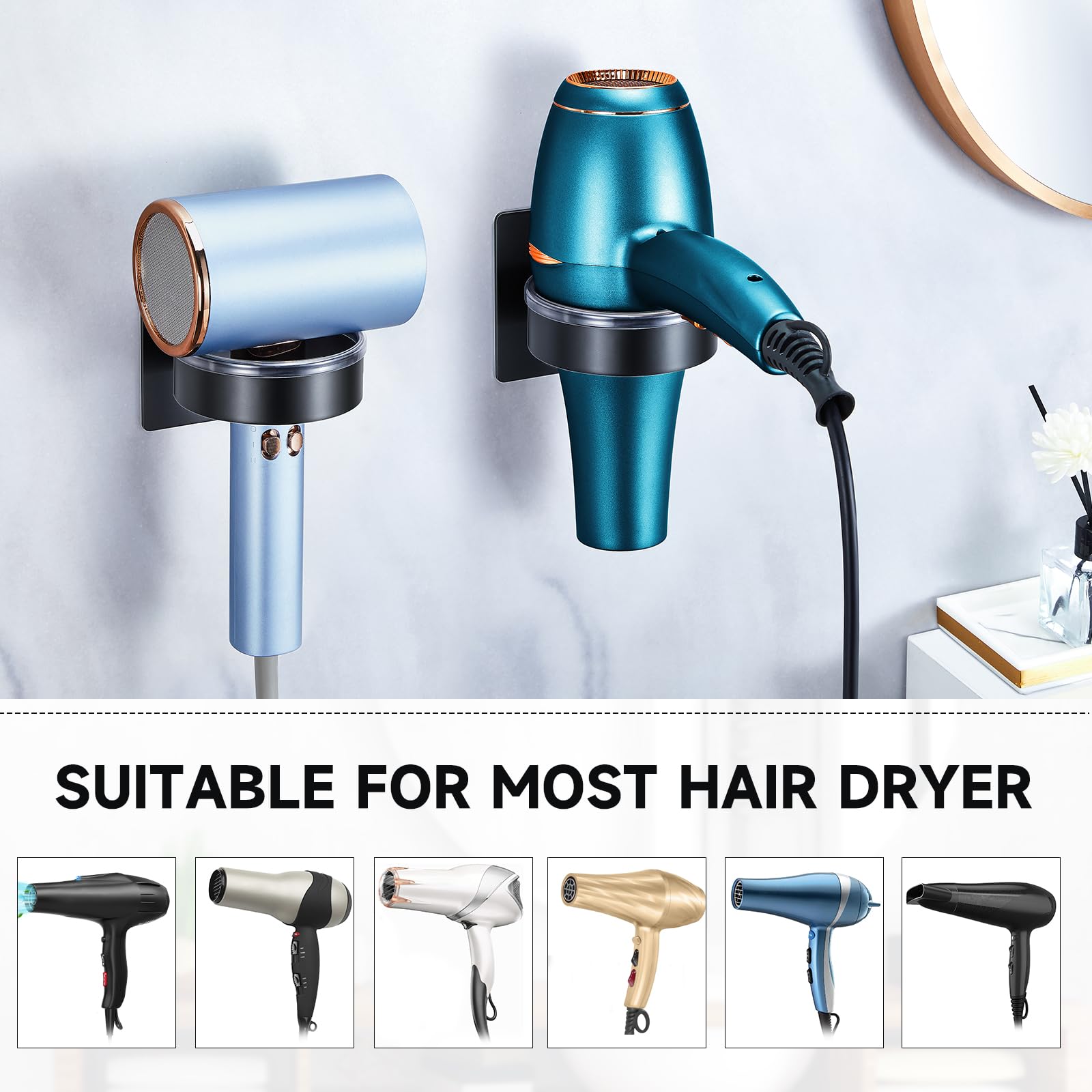 Oukimly Hair Dryer Holder Wall Mounted, Blow Dryer Holder, Hair Tool Organizer for Hair Dryer Storage Hanger, Adhesive Hairdryer Holder for Bathroom Barber Shop (Black)