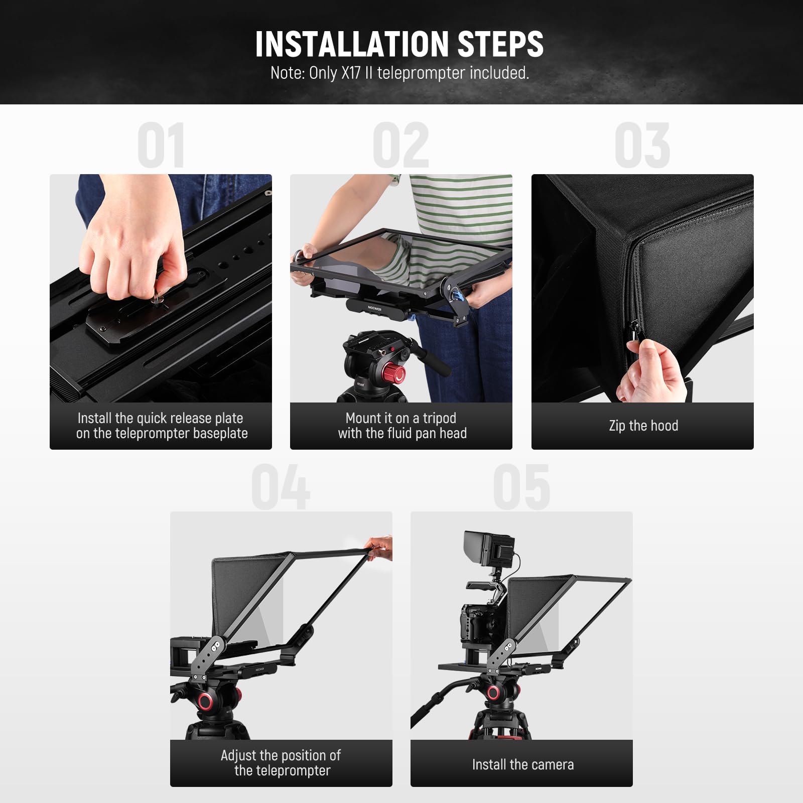 NEEWER Teleprompter X17 II with RT113 Remote/APP Control, 17" HD Beamsplitter All Metal Frame Upgraded Camera Mount QR Plate Compatible with Manfrotto 501PL iPad iPhone, Max Load 44.1Ib, Assembly Free
