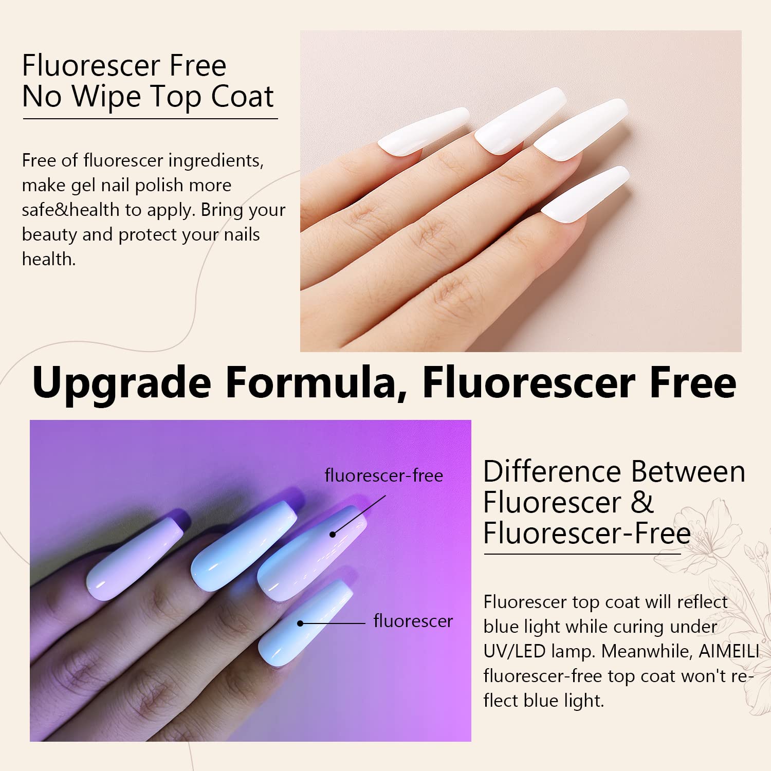 AIMEILI Gel Nail Polish Hema Free No Wipe Top and Base Coat Set, Cruelty Free, Vegan, Shine Finish and Long Lasting, Soak Off Gel Nail Lacquer - 2 x 10ml