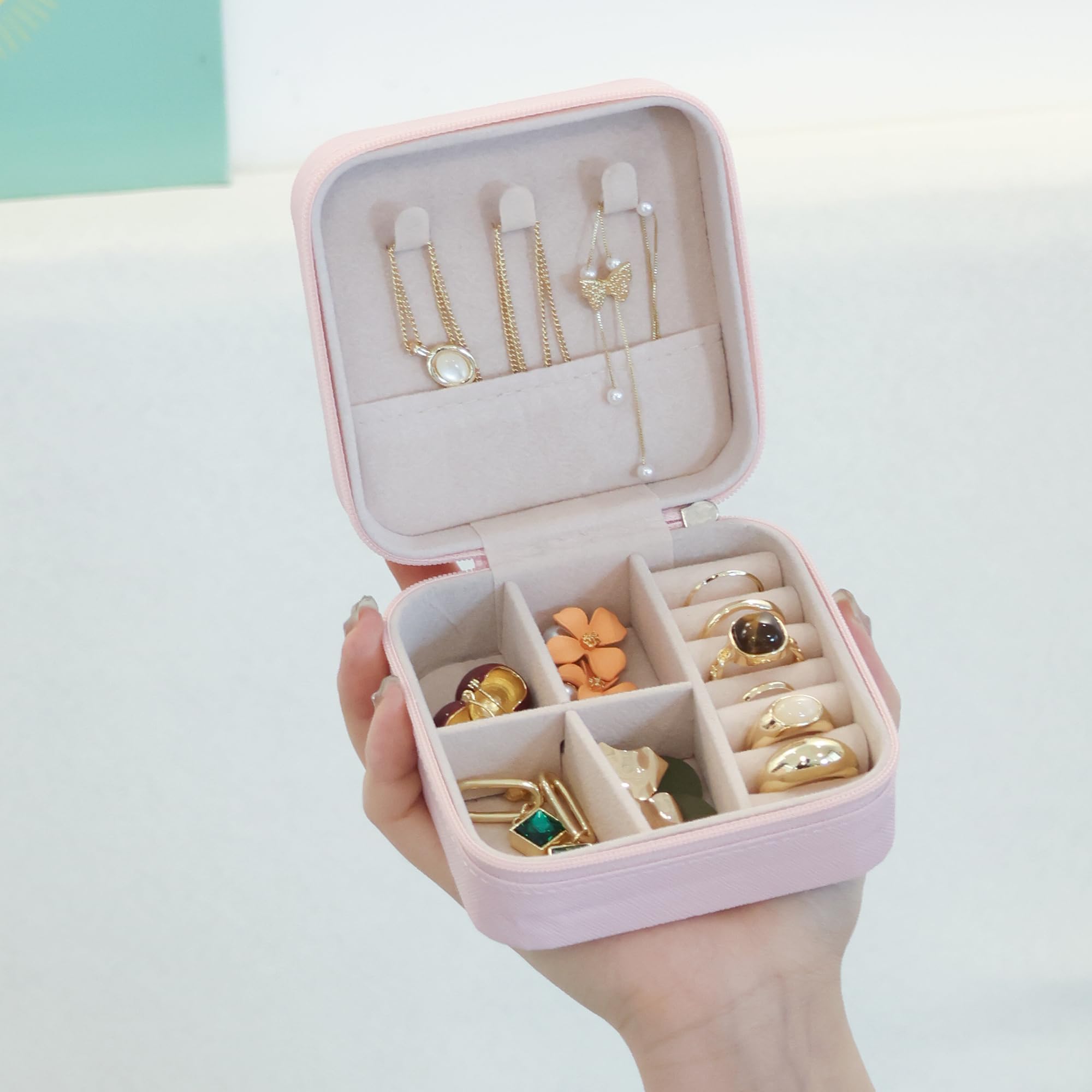 OceeK Mini Jewelry Travel Case,Pink Travel Jewelry Case,Small Travel Jewelry Organizer, PU Leather Travel Jewelry Organizer Box Double Layer Travel Accessories,Pink,1 Pack