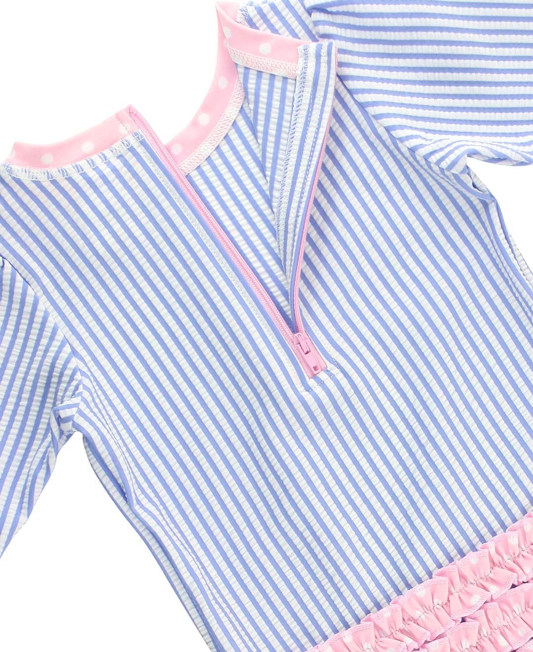 RuffleButts® Baby/Toddler Girls Long Sleeve One Piece Swimsuit - Blue Seersucker with UPF 50+ Sun Protection - 2T