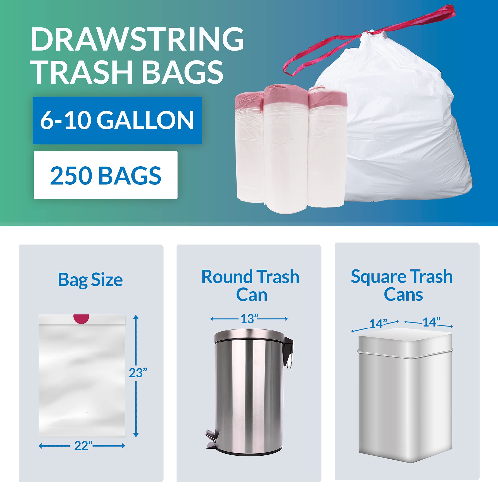 Reli. 8-10 Gallon Trash Bags Drawstring | 250 Count | 22"x23" | 6, 8, 10 Gallon Drawstring Garbage Bags | White Trash Can Liners | Small - Medium