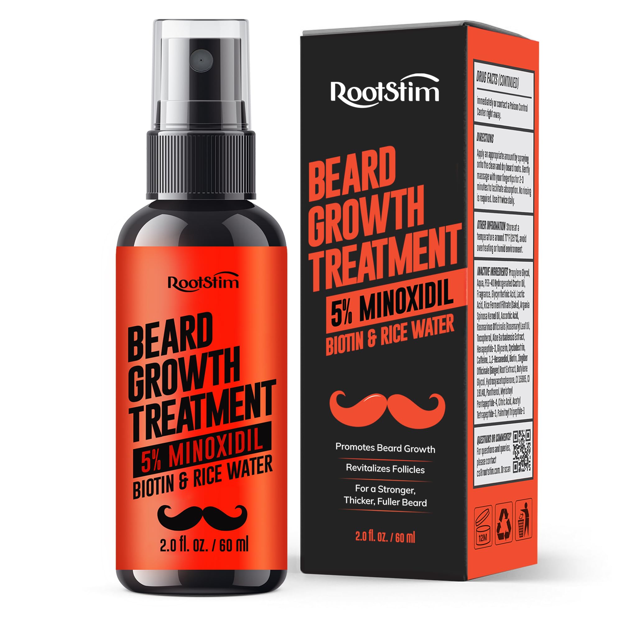 5% Minoxidil Beard Growth Serum for Men: Hair Regrowth Spray with Biotin & Rice Water - Extra Strength Beard Oil for Faster Thicker and Fuller Beard Growth - 60ML