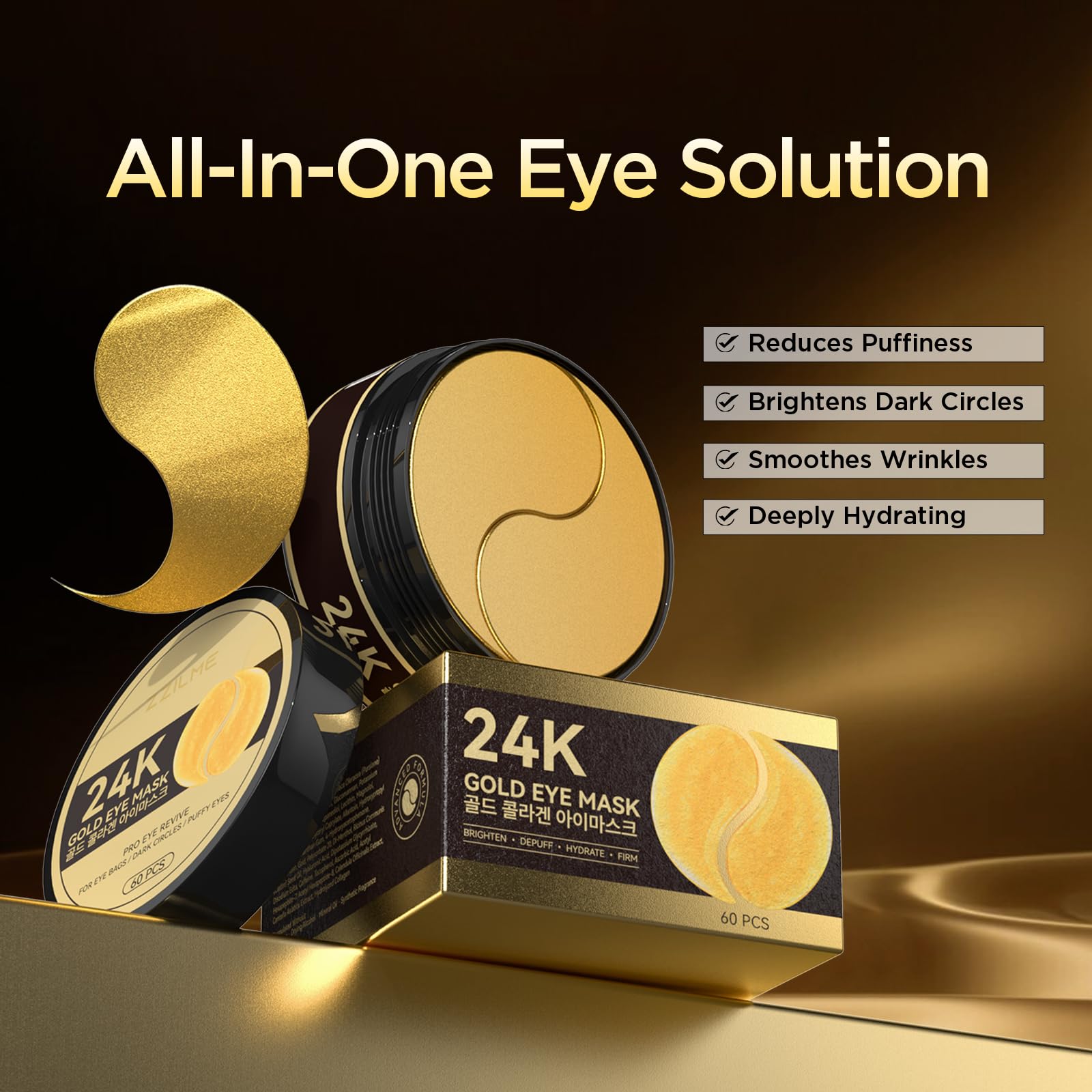 ZZILME 24k Gold Eye Patches - Firming, Glowing & Hydrating Hydrogel Mask for Puffy Eyes, Dark Circles, Wrinkles, Fine Lines, Eye Bags Treatment, Korean Skincare Gifts for Women and Men, 60Pcs