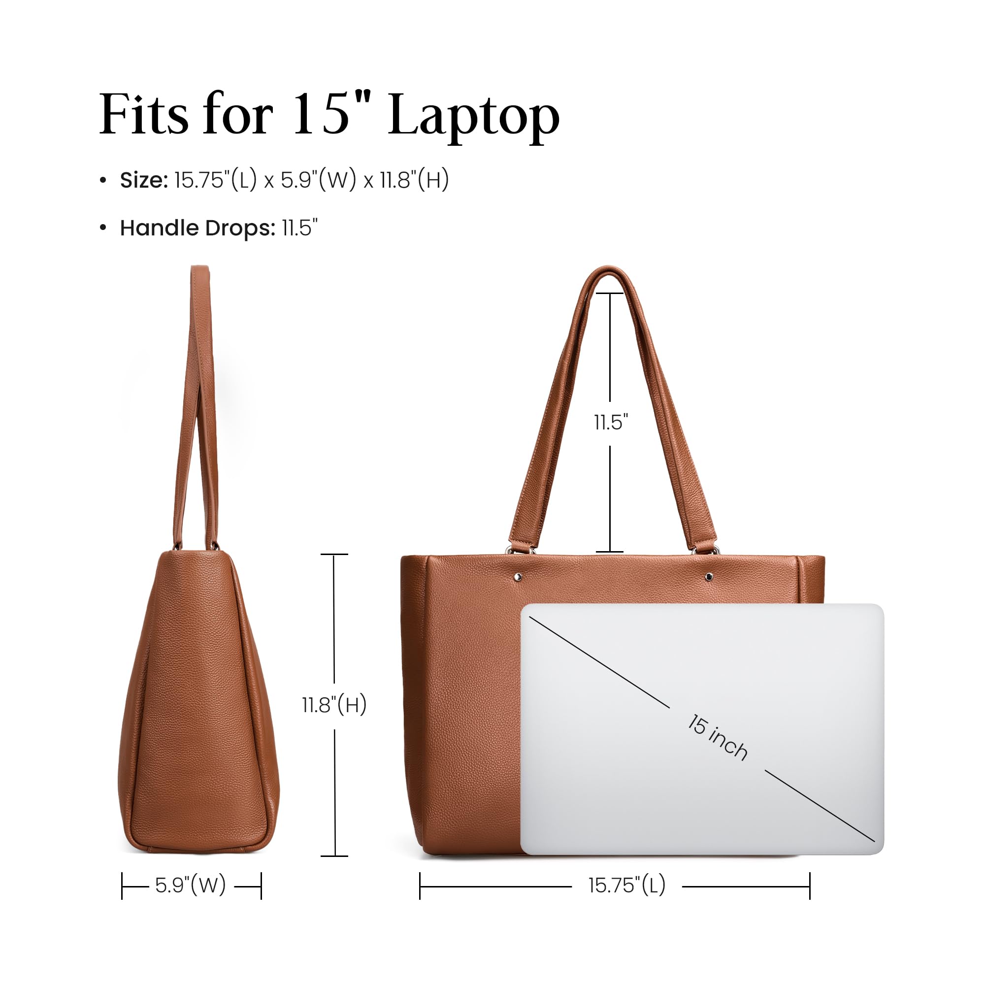 befen Real Leather Work Tote Bag for Women Ladies Totes Shoulder Purse Satchel Handbags with 15" Compartment & Water Cup Holder Cognac Brown