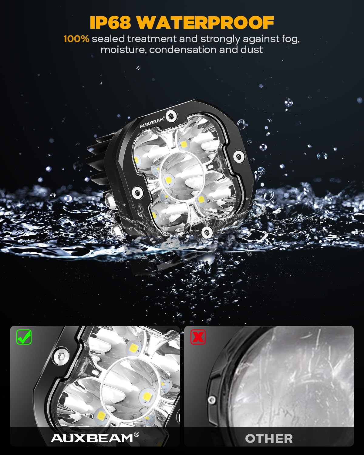 Auxbeam XP-Ultra Series 3" 80W Cube LED Pods White Spot Beam & Amber Combo Beam Replaceable Light Covers 9600LM Yellow Offroad Ditch Lights Driving Light Bar, Pair