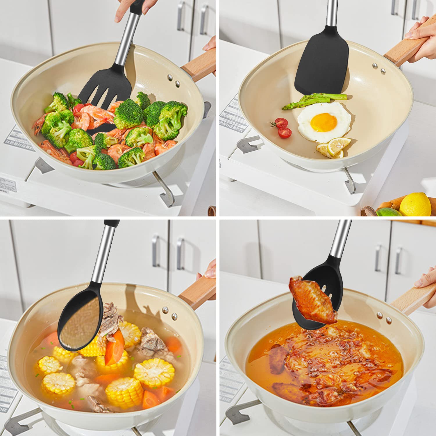 Beijiyi Silicone Spatula and Cooking Spoon, 4 Pack Non-Stick Cooking Utensils Set for Kitchen, Heat Resistant Solid & Slotted Spoons and Spatulas, Stainless Steel Handle with Silicone, Black