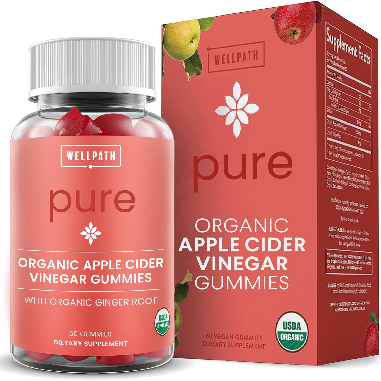 WellPath Organic Apple Cider Vinegar Gummies with The Mother - USDA Organic ACV Gummies - Ginger & Apple Cider Vinegar with Mother for Gut Health - Vegan, Non-GMO, 60 Ct by Pure