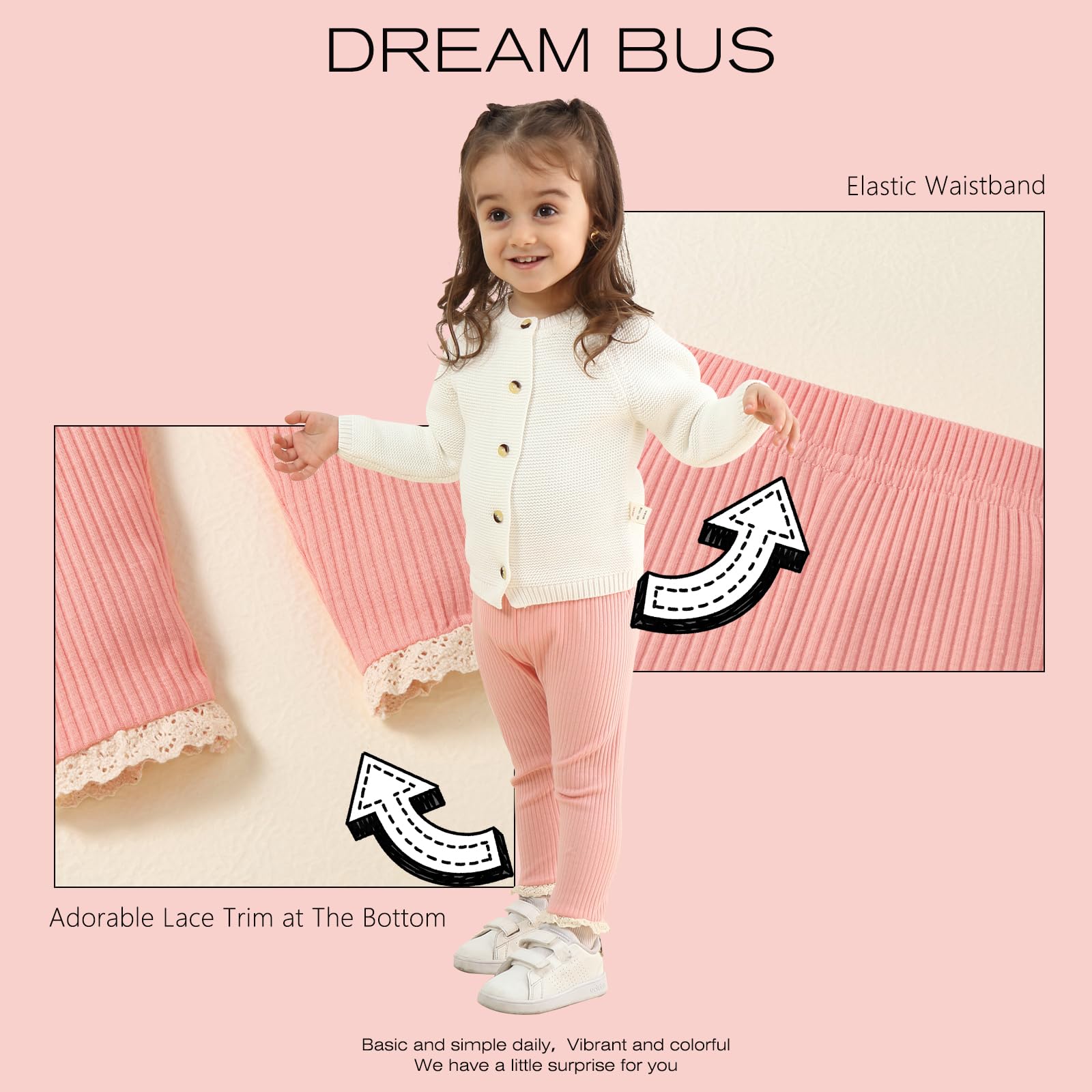 DREAM BUS 5 Pack Baby Girl Pants Toddler Girl Solid Ribbed Pants with Lace Trim Newborn Cotton Leggings Infant Jogger Pants