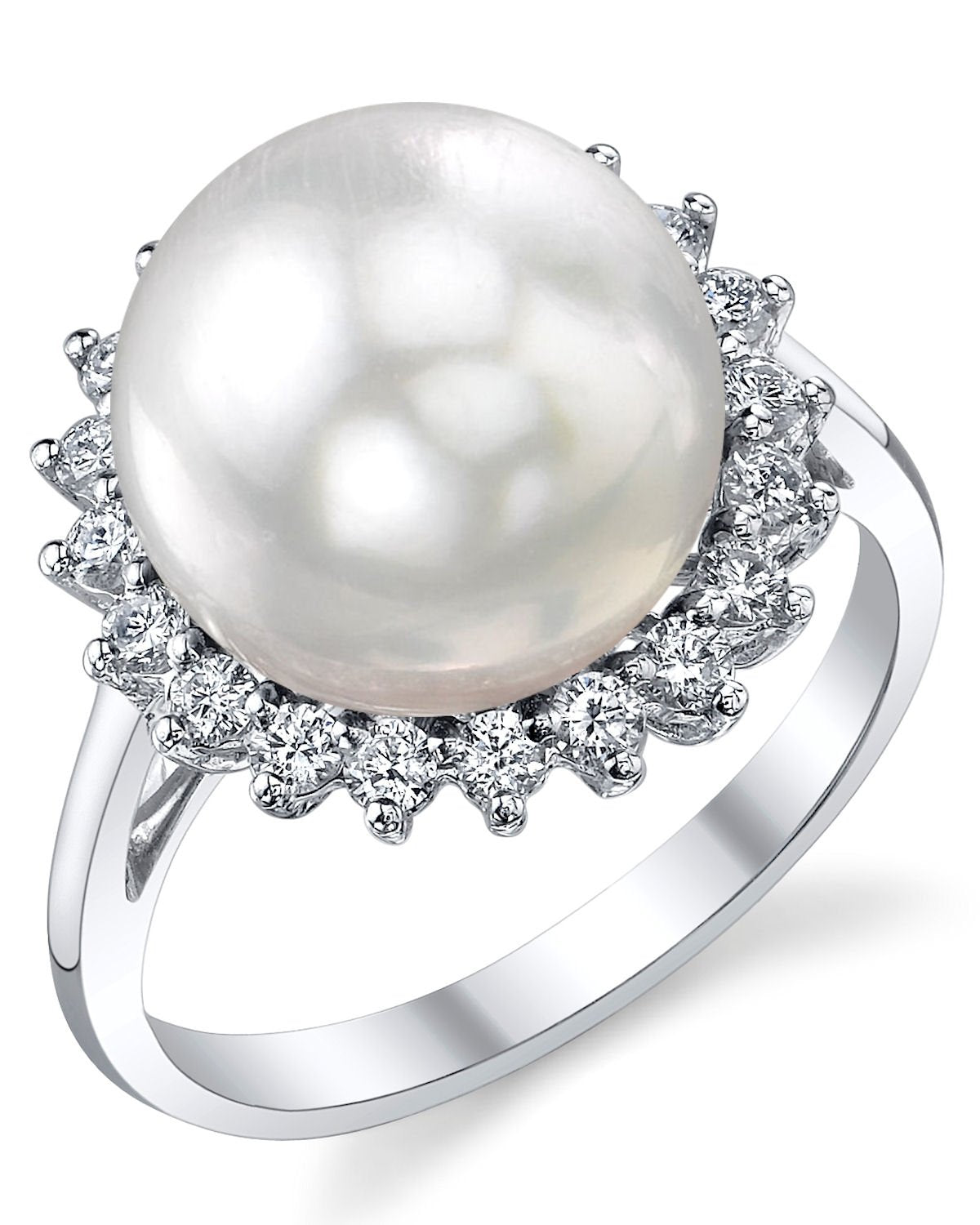 The Pearl Source 18K Gold 12-13mm Round Genuine White South Sea Cultured Pearl & Diamond Sage Ring for Women