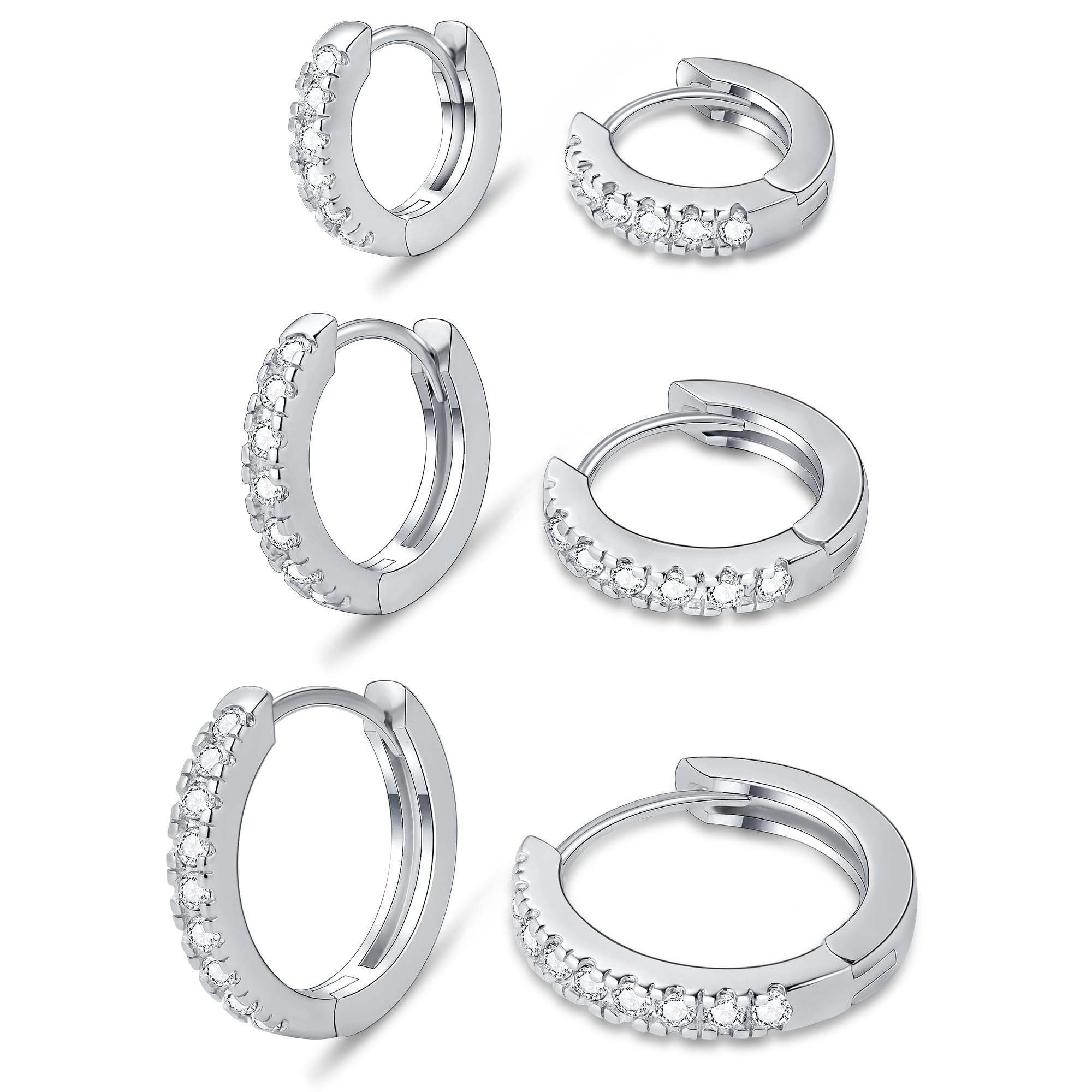 micuco 3 Pairs Small Hoop Earrings Tiny Cartilage Earrings for Women Cubic Zirconia Earrings White Gold Plated Huggie Hoop Ear Piercing Earrings for Men Silver Plated 8mm 10mm 12mm