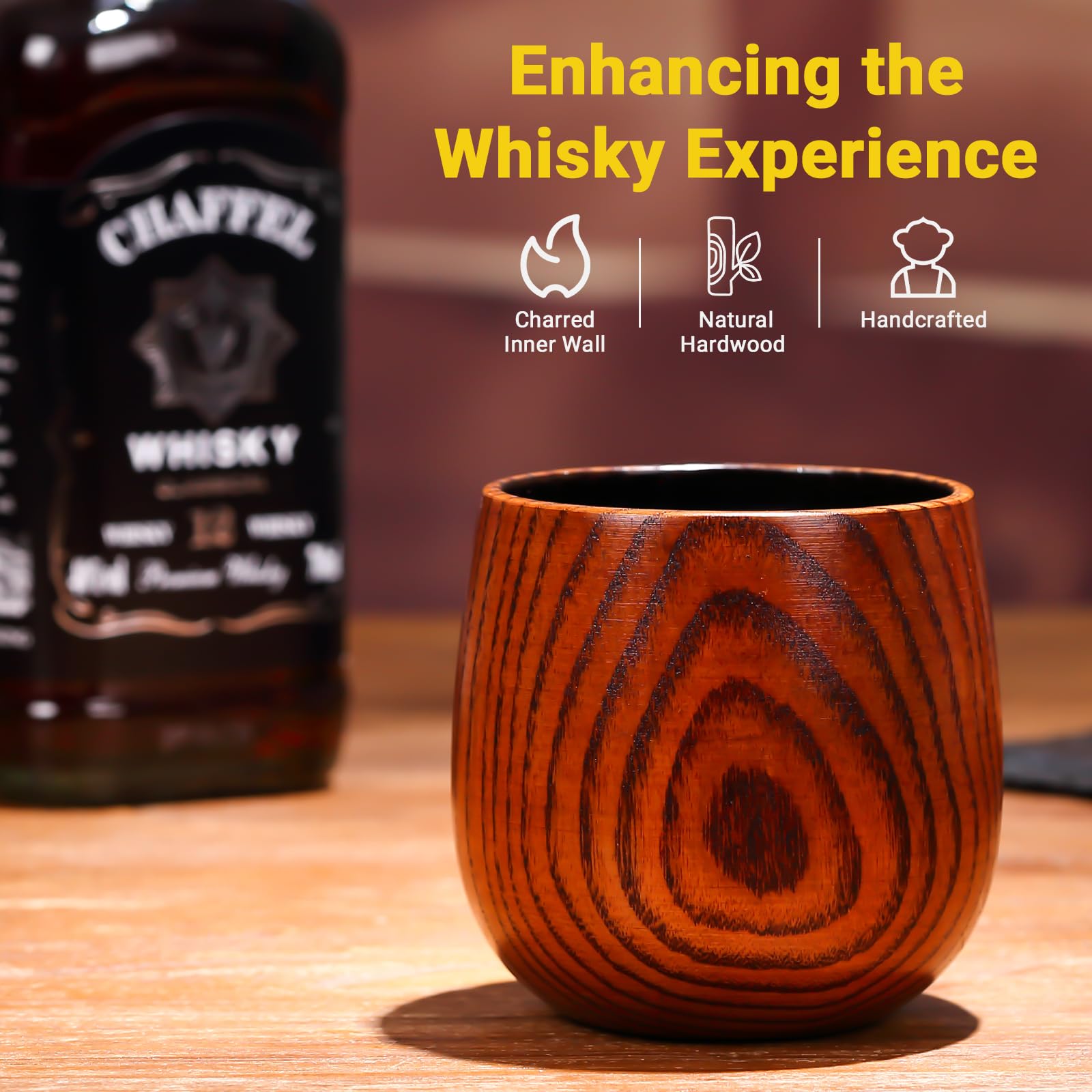 4PCS Charred Wooden Whiskey Glass – Handcrafted Solid Wood Tumbler for Men | Unique Whiskey Gifts | Natural Grain, Flame-Finished Bourbon Glass,Fathers Day Gifts For Dad,Him,Husband
