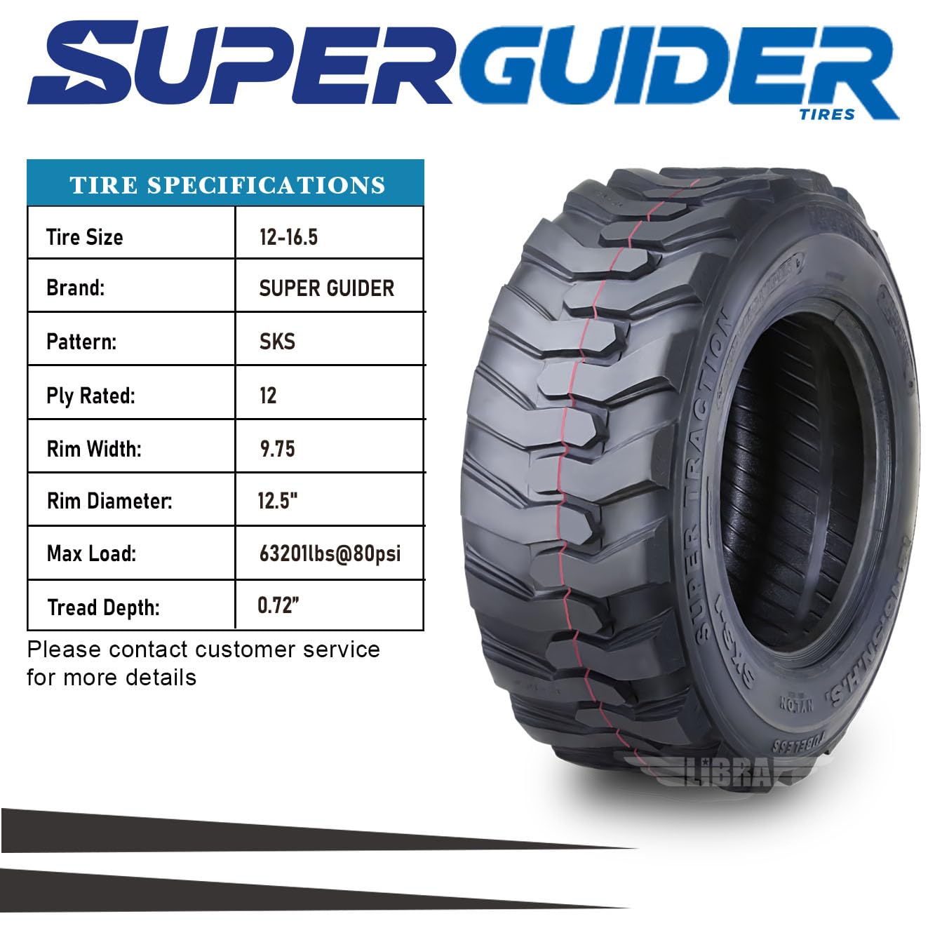 Set 4 New Super Guider Heavy Duty 12-16.5 12x16.5/12 Ply Industrial Skid Steer Tire w/Rim Guard