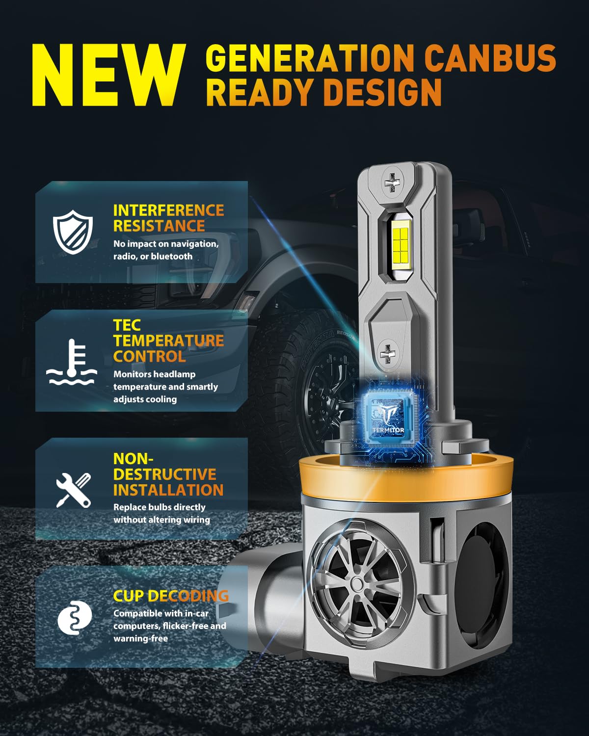 Termitor Upgraded H11/H9 Bulbs, 60,000LM 10X Brightner, 1:1 Halogen Size, 6500K Cool White, Canbus Ready, Plug and Play H11 Driving Lights, Plug and Play, 85000+ Hours Long Service Life, Pack of 2