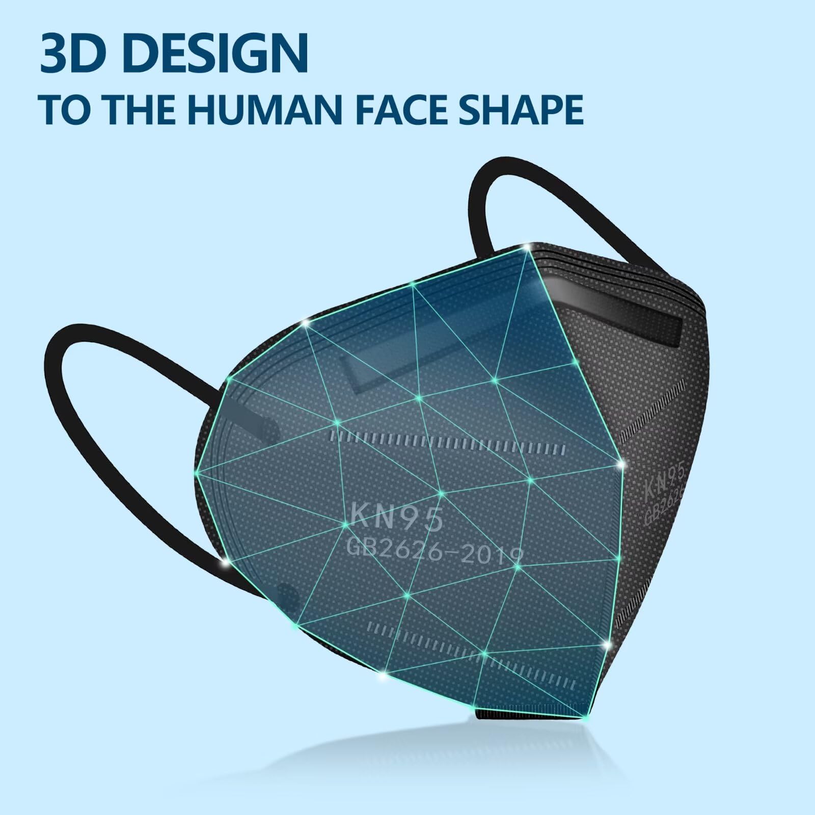 SDIW 50PCS KN95 Face Masks Black 5 Layer Cup Dust Safety Filter Efficiency≥95% with Elastic Ear Loops and Nose Bridge Clip Breathable Mask