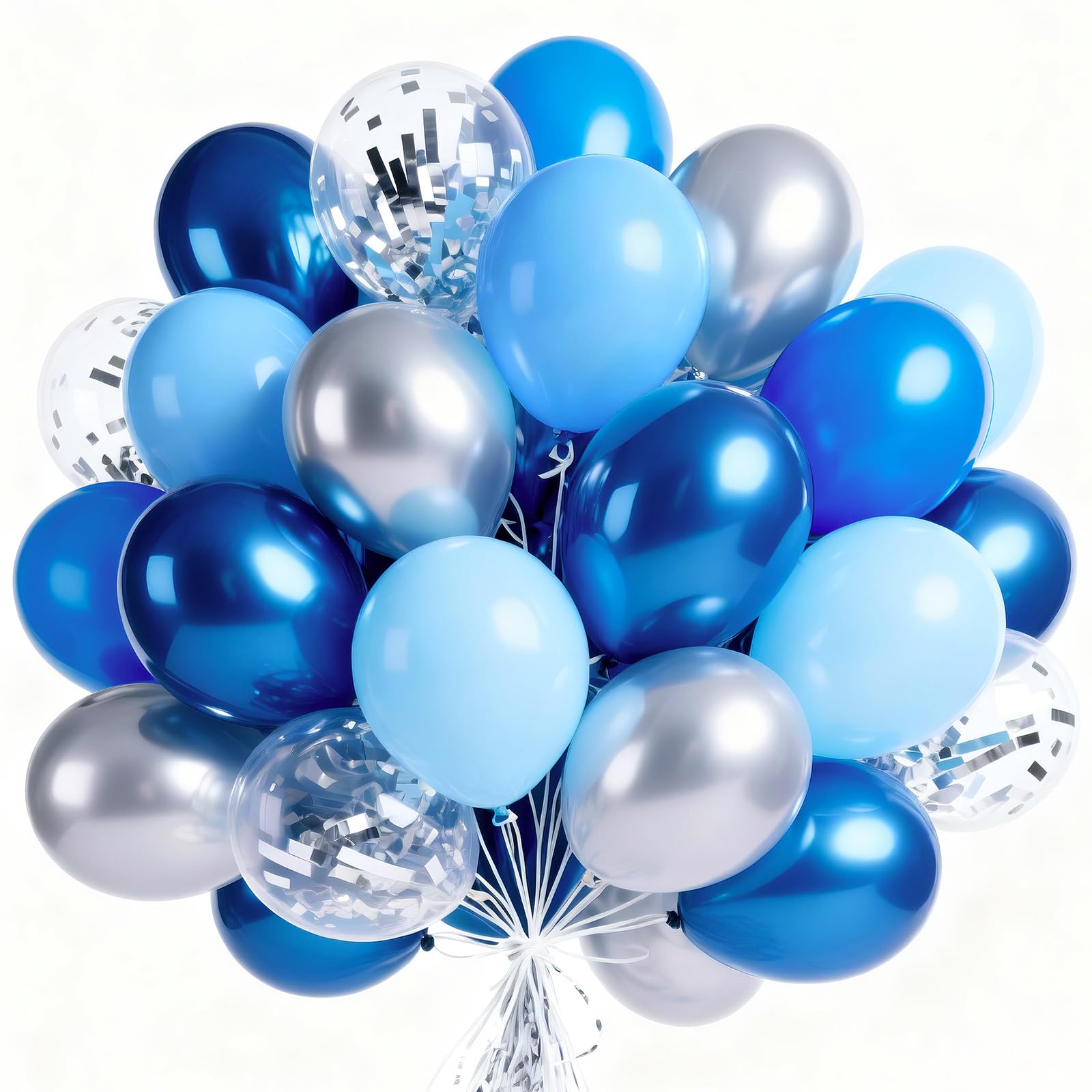 PartyWoo Blue and Silver Balloons 65pcs 12 Inch Light Pastel Baby Metallic Pearl Blue Metallic Chrome Silver Confetti Balloons for Gender Reveal Wedding Baby Shower Birthday Party Decorations