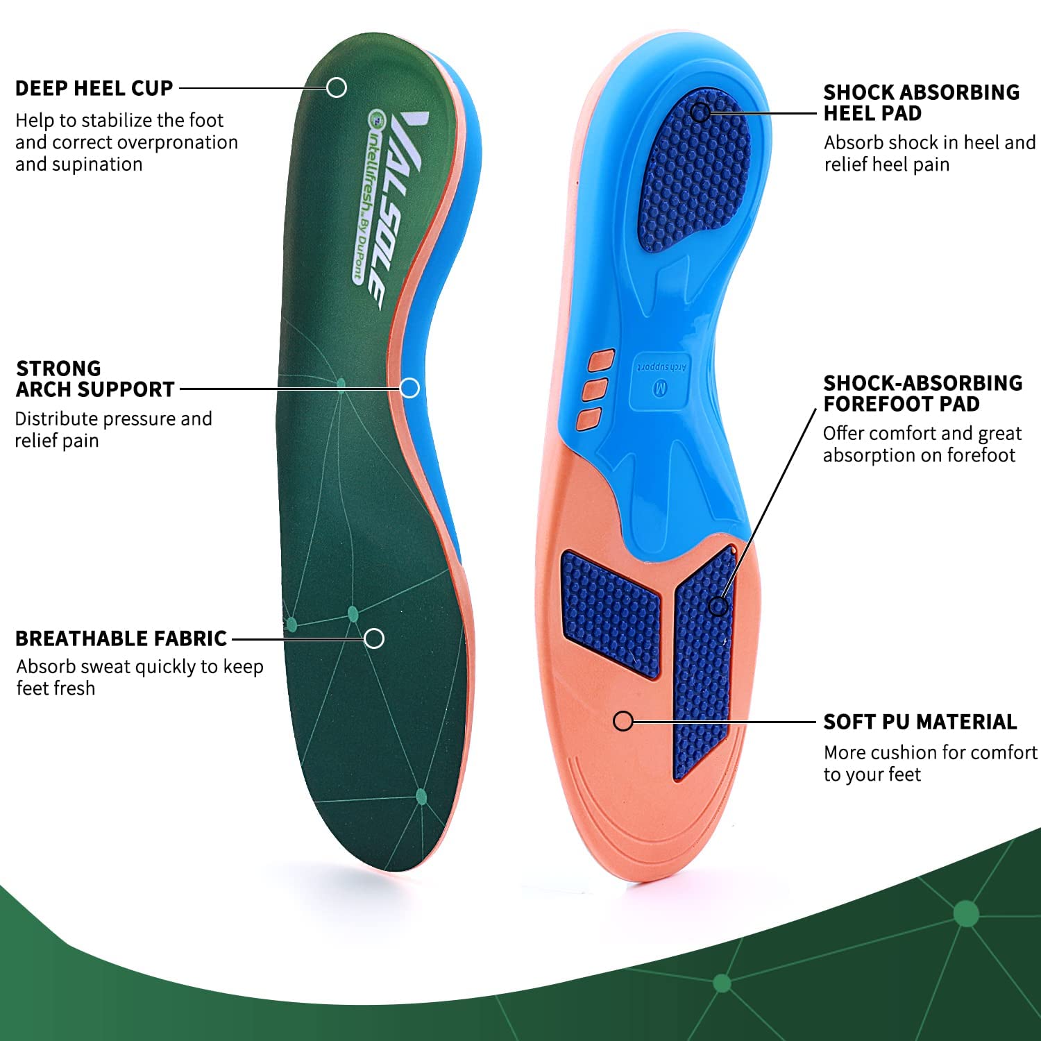 VALSOLE 220+ lbs Plantar Fasciitis Arch Support Shoe Inserts - Men Women Gel Orthotics for Flat Feet & High Arch Boot Insoles