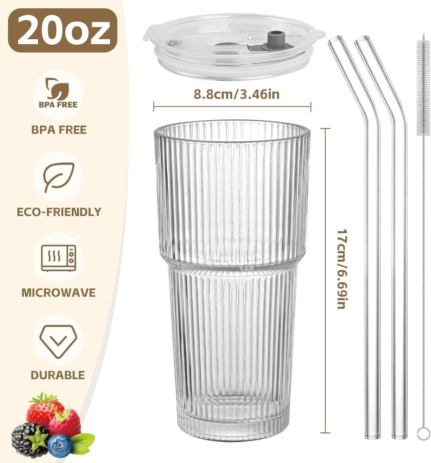 AFINSEA 20OZ Ribbed Glass Cups with Lids and Straws,Iced Coffee Cups with Lid,Vintage Glasses Tumbler Glassware for Whiskey Cocktail Beer Juice(2PCS)