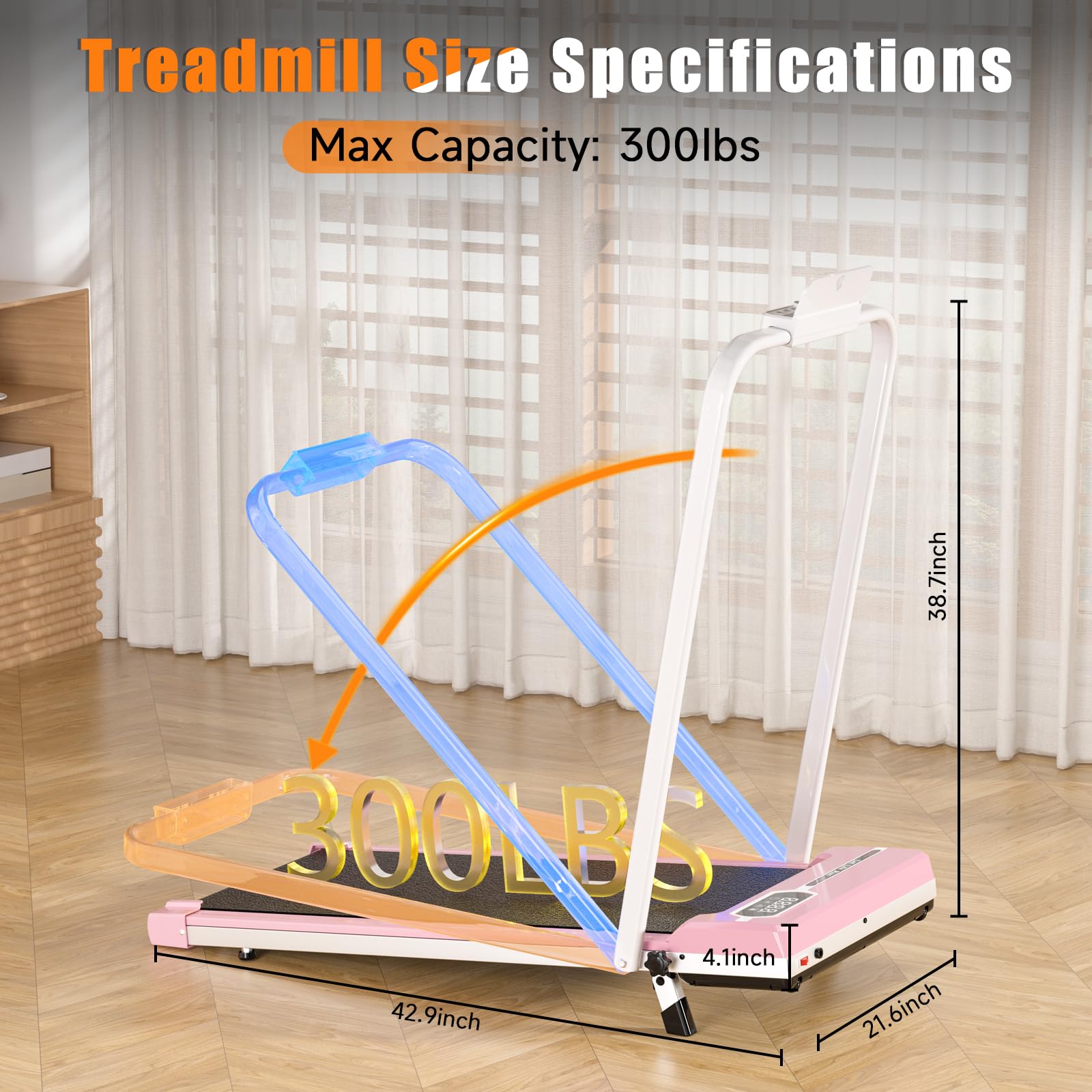 Incline Walking Pad with Handle Bar, Foldable Portable Under Desk Treadmill for Home Office, Ultra Quiet <45dB, Safety Lock, 300+ LB Capacity, Pink