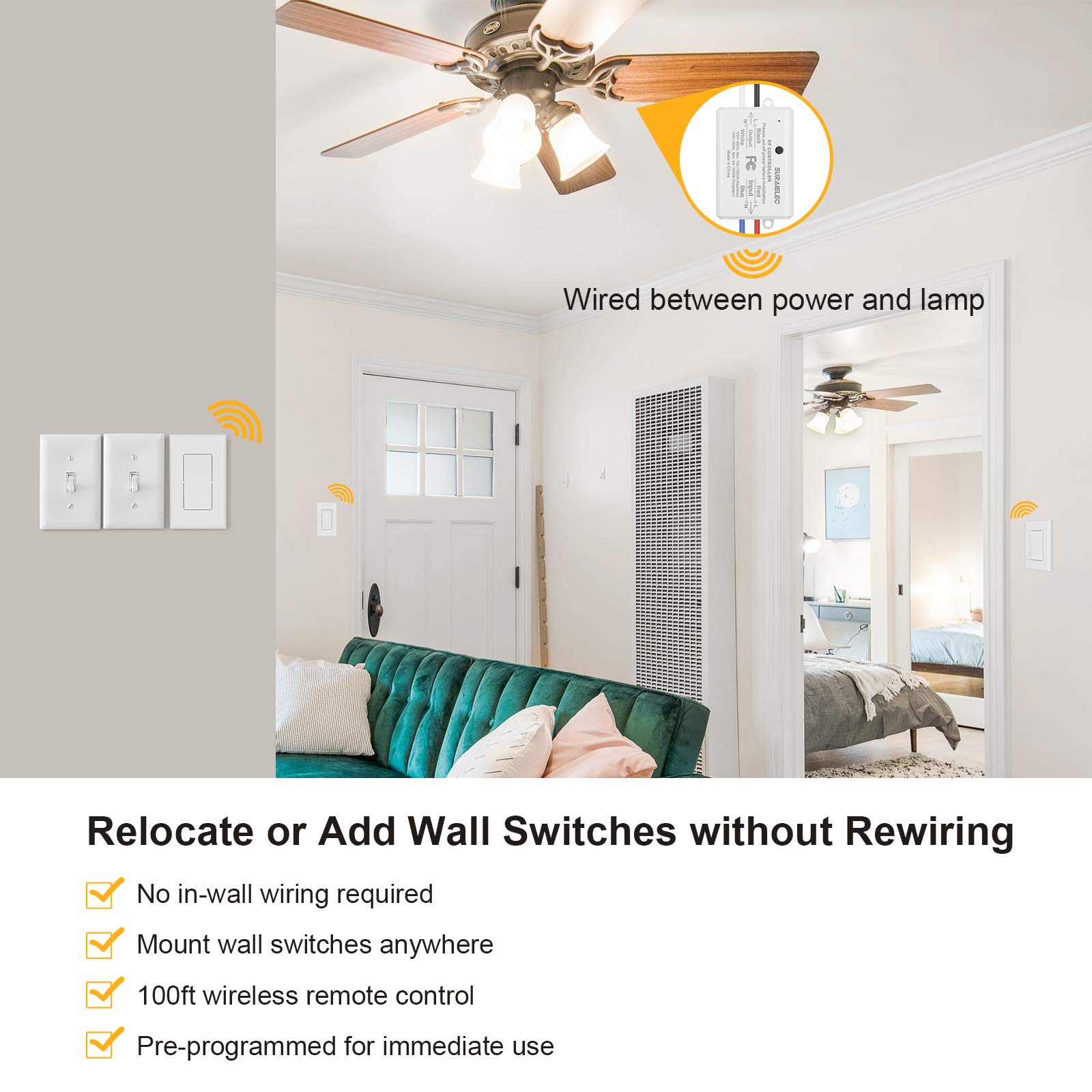 Suraielec 3 Way Wireless Light Switch, No Wiring, No WiFi, 100ft RF Range, Pre-Programmed, Expandable Wireless Wall Switch and Receiver Kit, Remote Control Light Fixture for Lamp, Ceiling Light, Fan