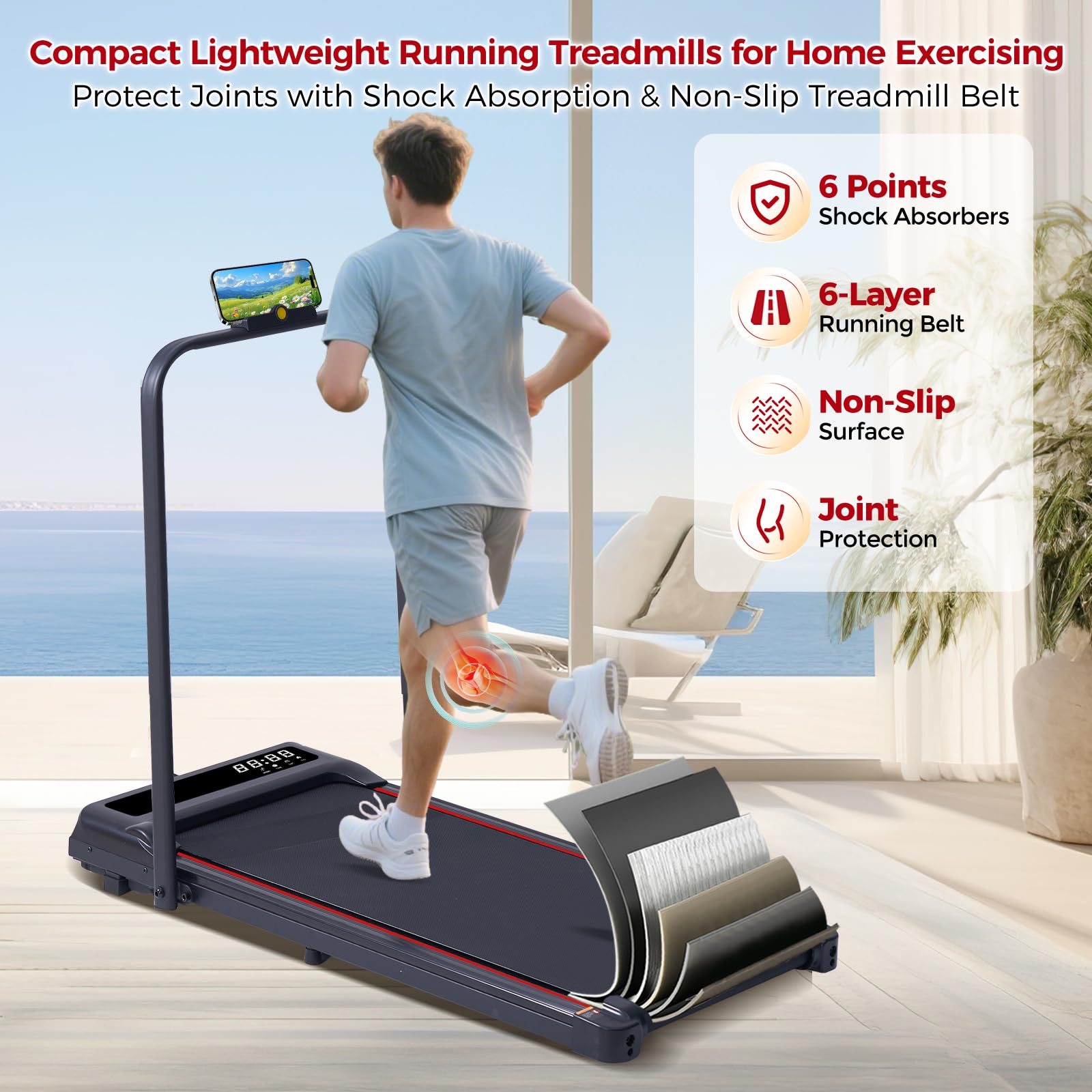 Treadmill with Handles for Home Small, 3.0HP Electric Compact Walking Pad Treadmills with Handle Bar, 0.6-6.2MPH Portable Under Desk Treadmill Home for Small Space, 320LBS