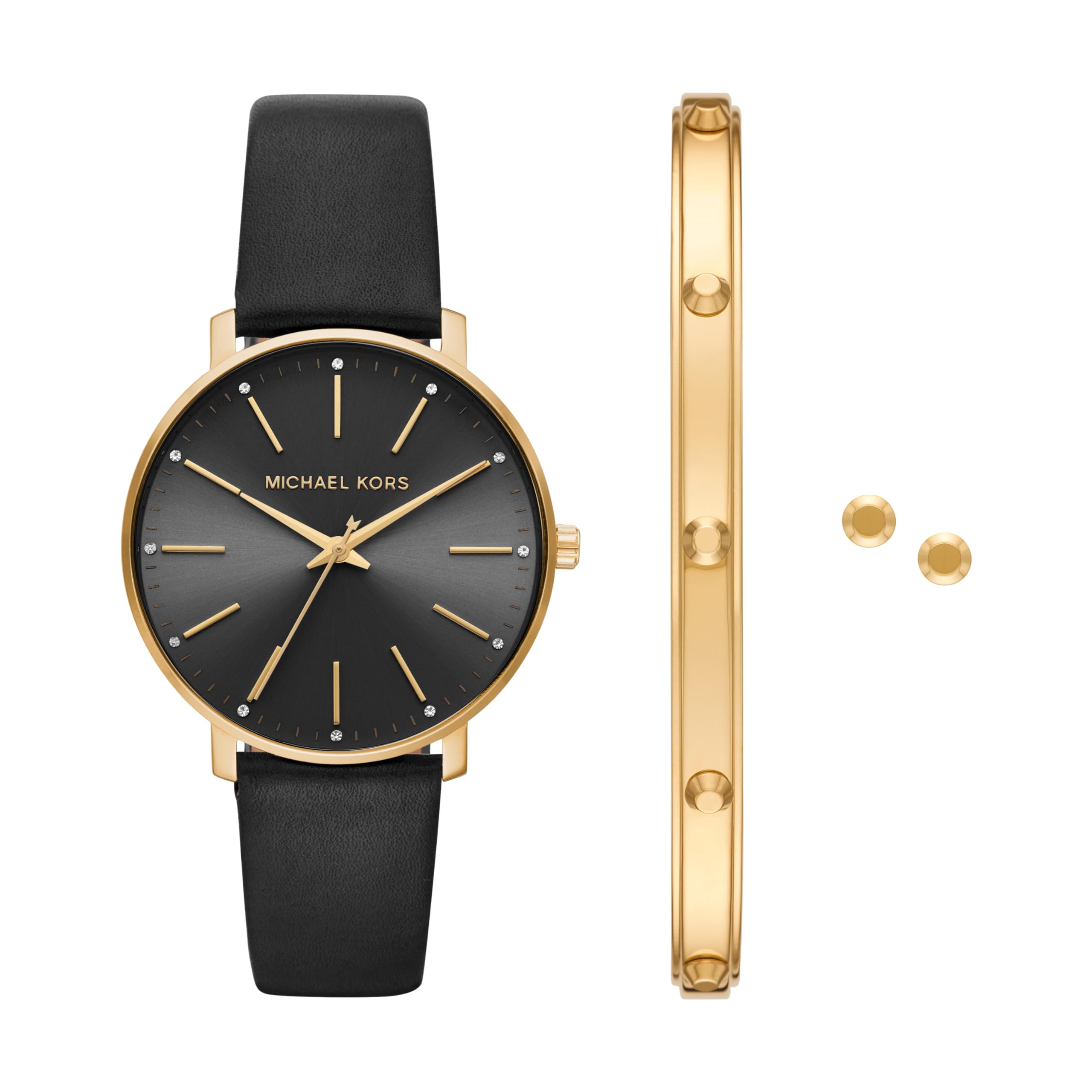Michael Kors Pyper Three-Hand Black Leather Women's Watch and Jewelry Gift Set (Model: MK1077SET)