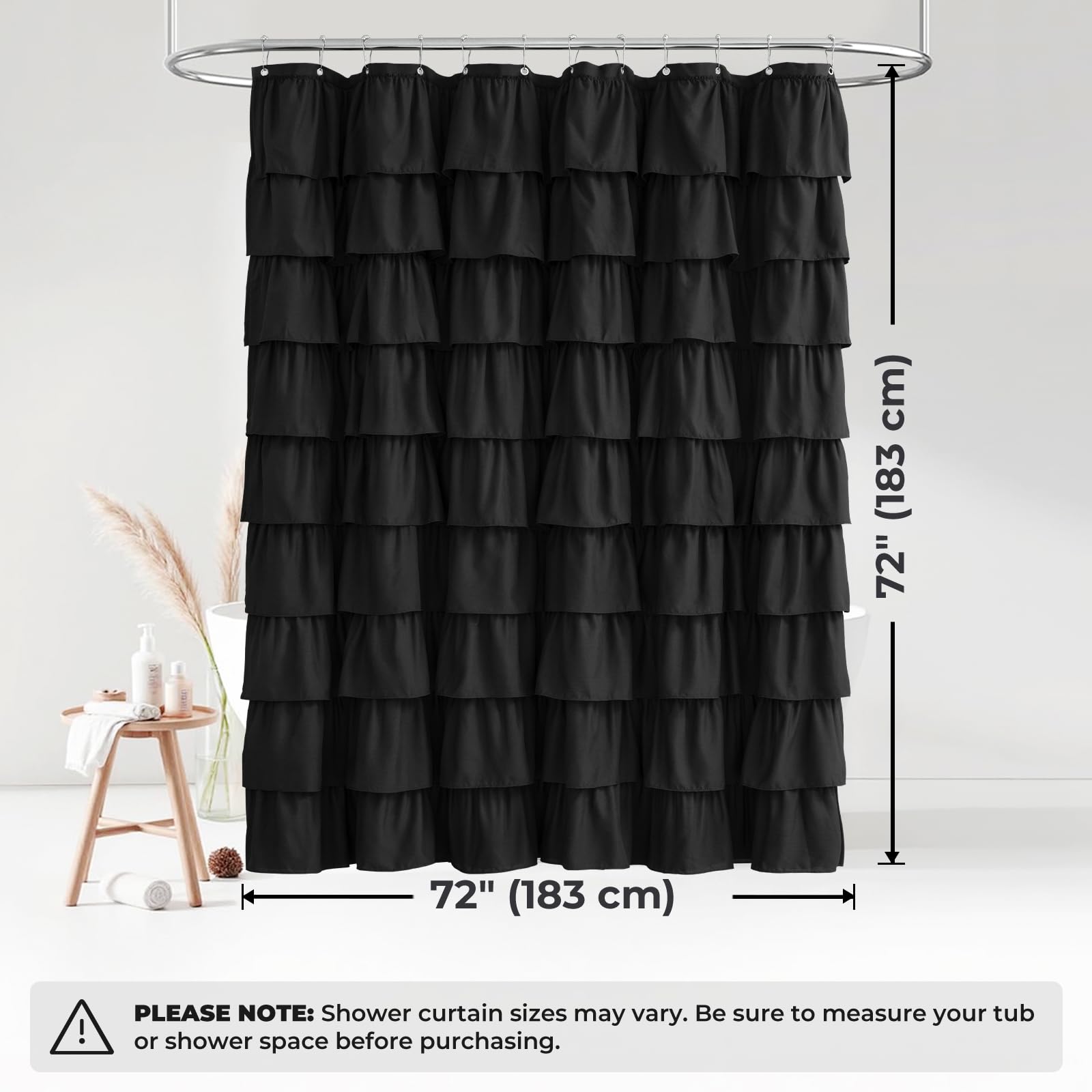 Seasonwood Black Ruffled Shower Curtain 72x72 Inch Farmhouse Bathroom Decor with Nature Buttons, Shabby Chic & French Country Style Fabric Curtain for Bath