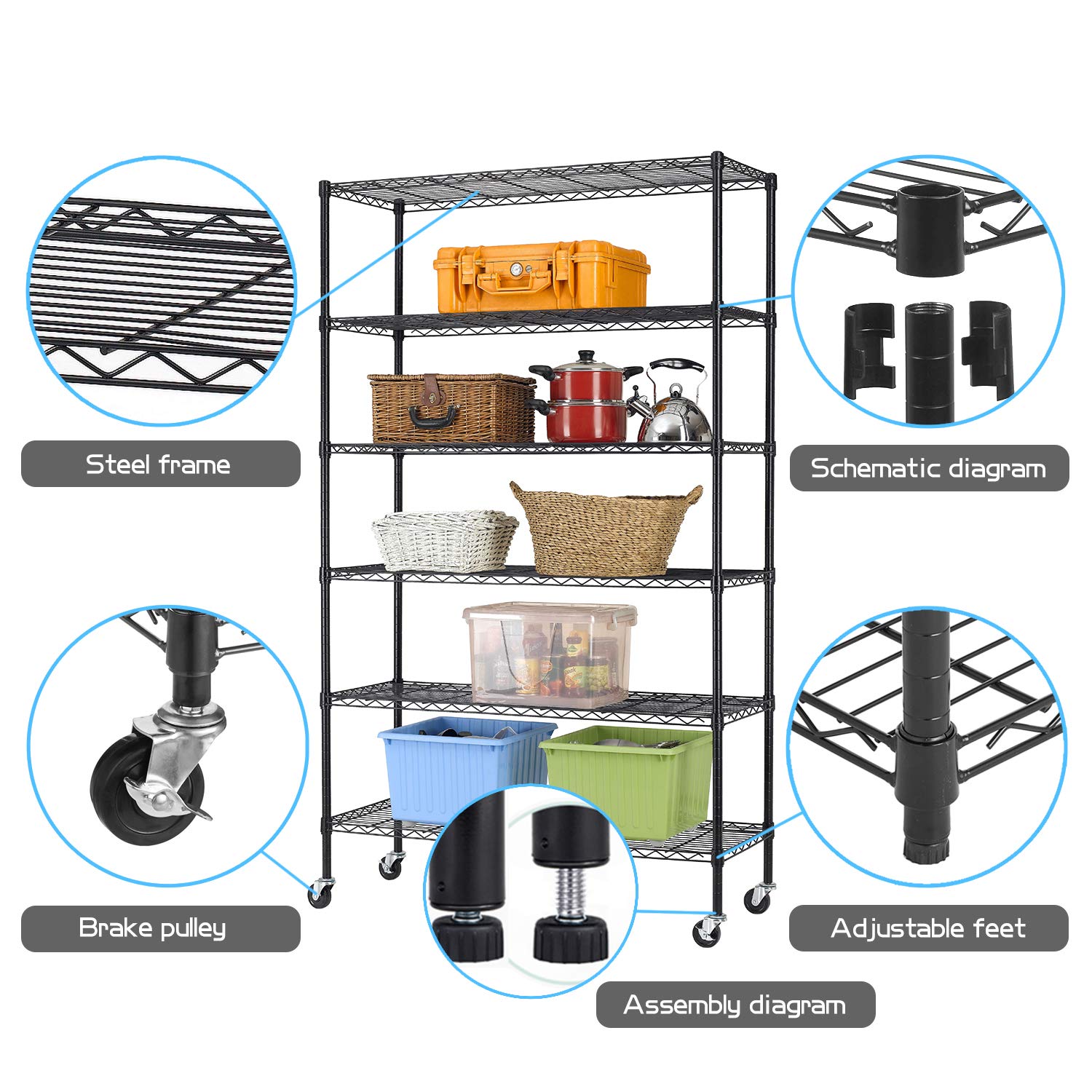 HCB 6-Tier Storage Shelf Heavy Duty Wire Shelving Unit 82"x48"x18" Height Adjustable Metal Steel Wire with Casters for Restaurant Garage Pantry Kitchen Rack (Black)