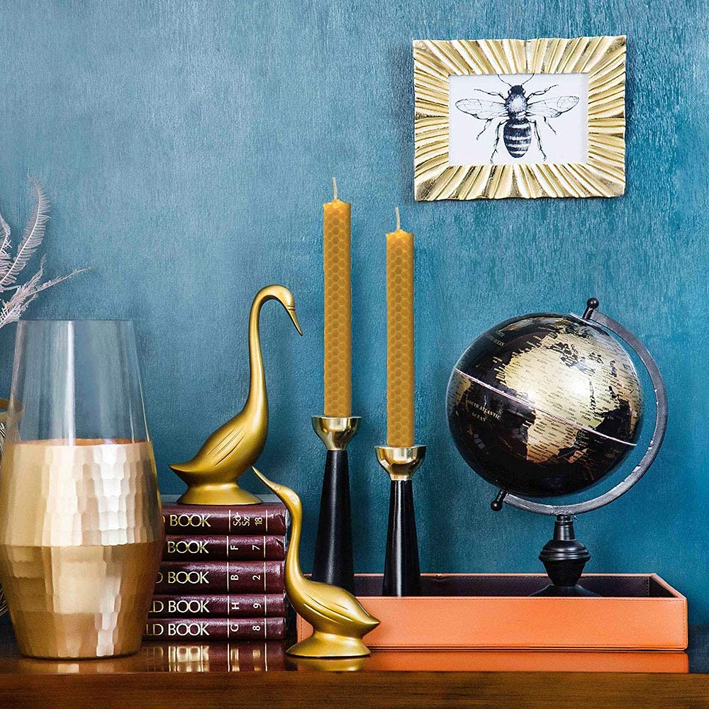 DEYBBY Handmade Beeswax Taper Candles, Dripless Wax Candles, Hand-Rolled Honeycomb Candles for Dinner Party, Set of 6 Flat Top(Brown Raw)