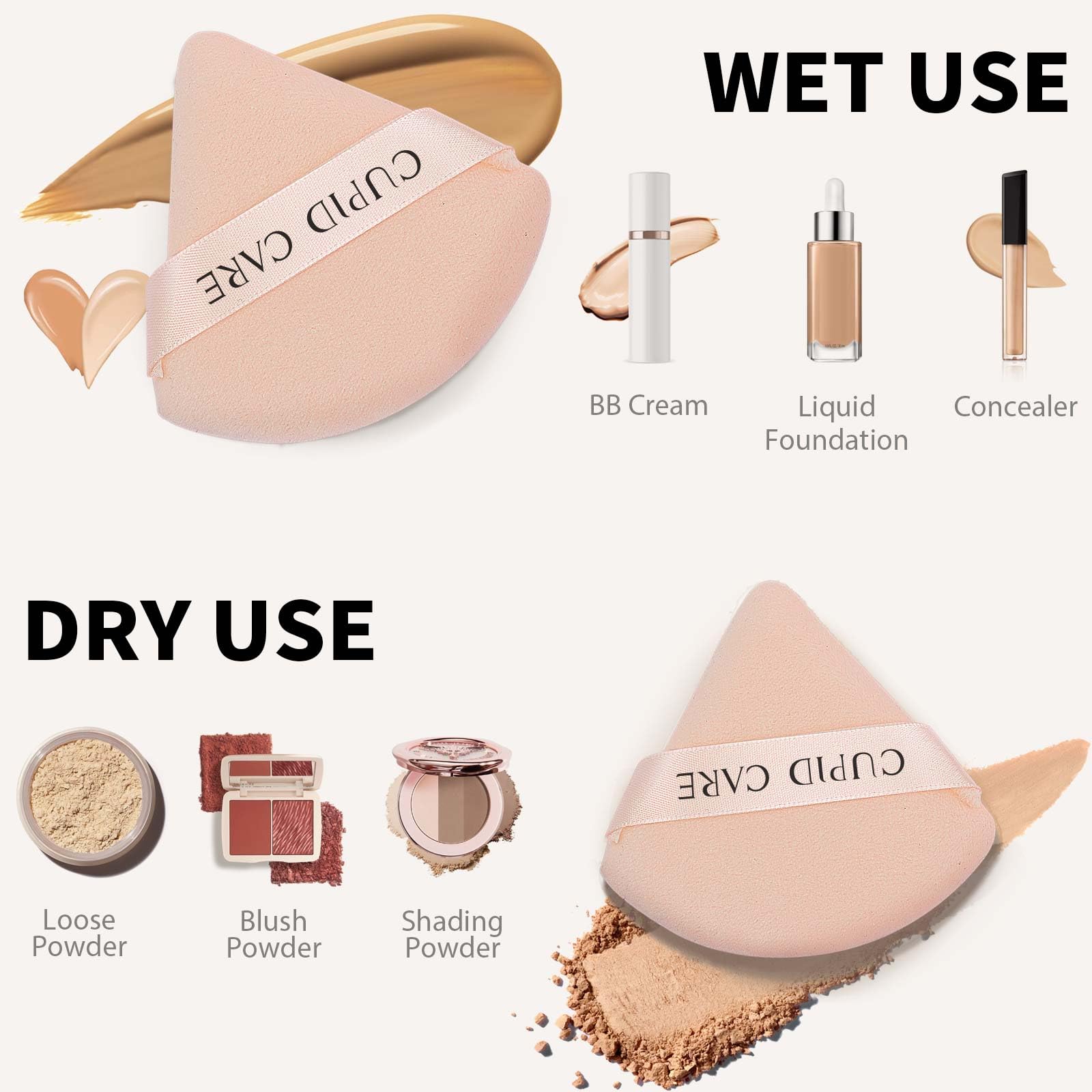 CUPID CARE 6 Pcs Triangle Powder Puff with 2 Travel Cases, Setting Powder Puffs for Face Powder and Foundation, Velour Makeup Puff for Loose Powder Body Powder, Skin-Friendly, Beauty Makeup Tools