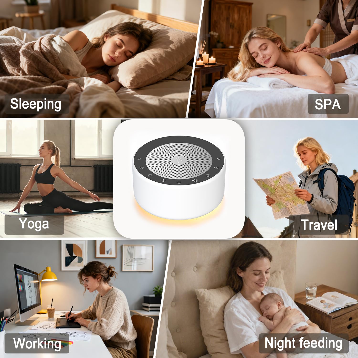 Kipcush White Noise Sound Machine with Nursery Lamp, Mood Lighting, 7 Colour Night Light, 30 Soothing Sounds for Baby/Adult. Timer, Plug in, Memory Function, Touch Control