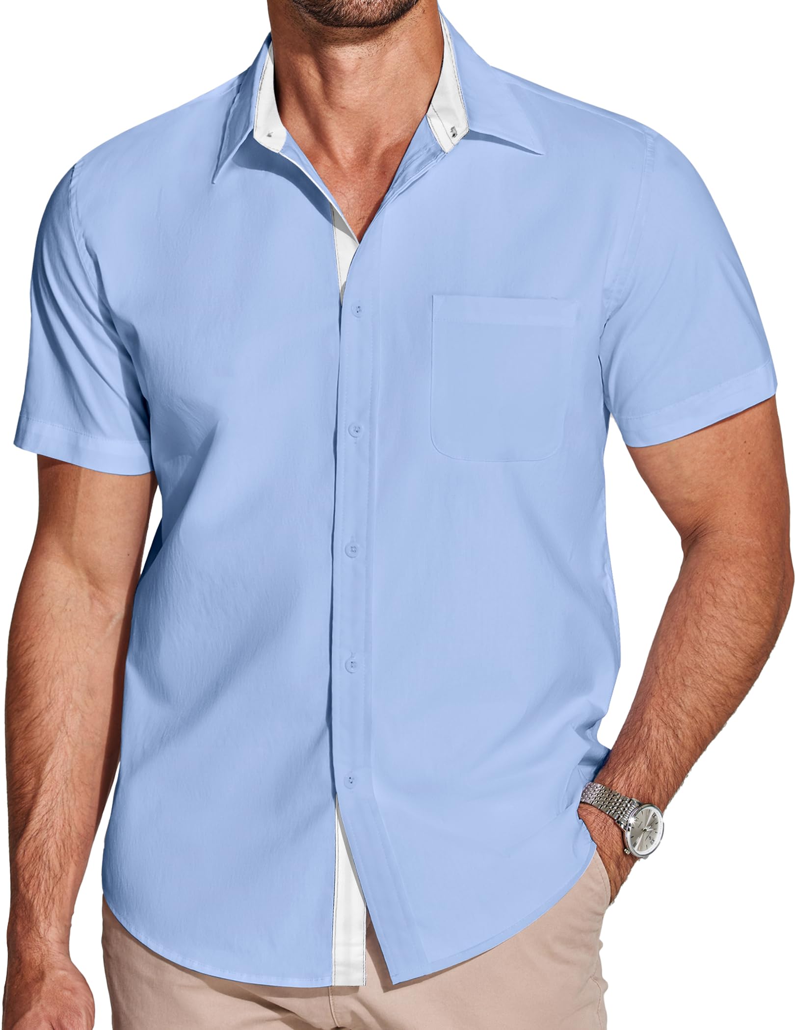 COOFANDY Men's Casual Summer Short Sleeve Dress Shirts Button Down Wrinkle-Free Fitted Stretch Shirt No Tuck Blue