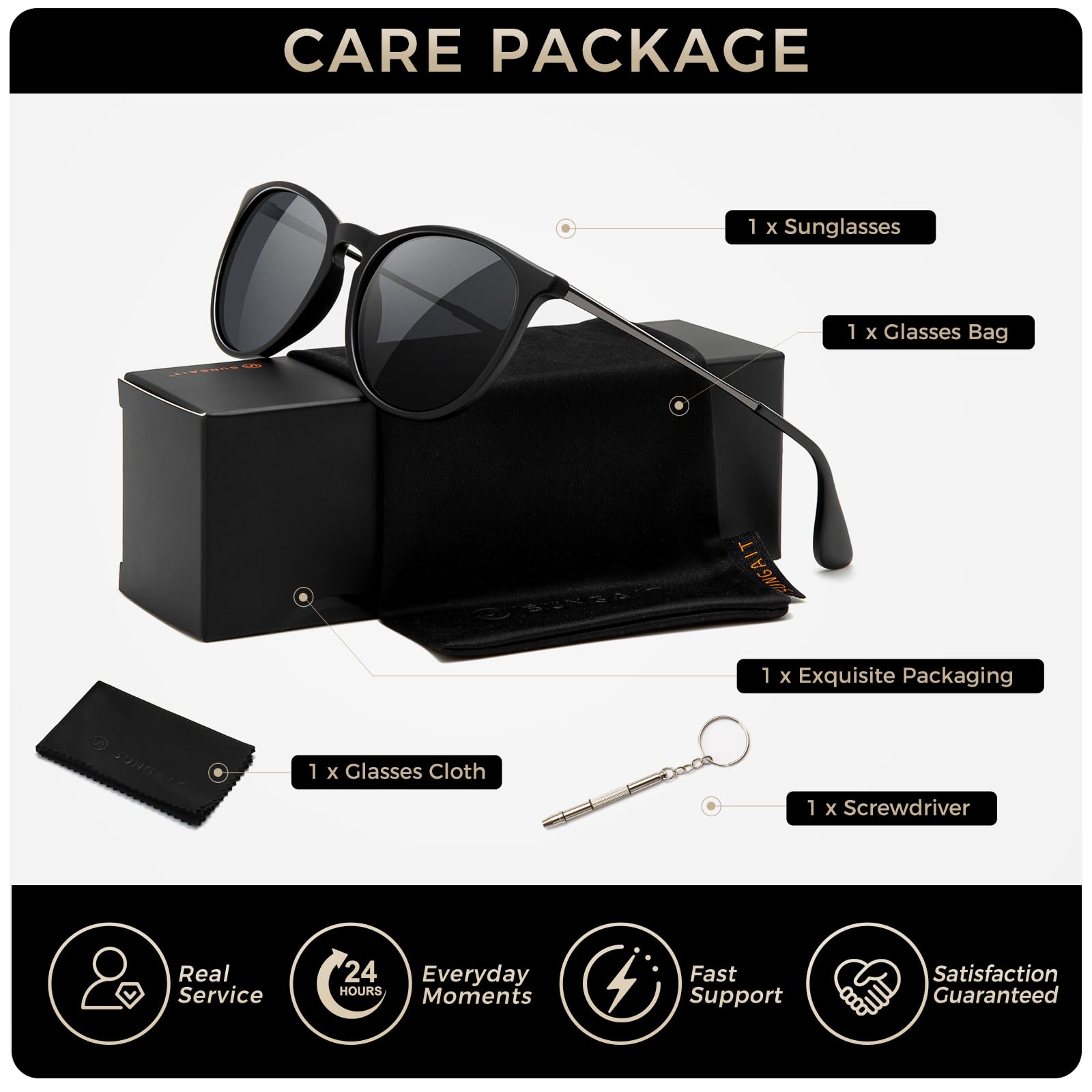 SUNGAIT Premium Vintage Round Sunglasses for Women Men Classic Retro Trendy Style (Black Frame(Matte Finish)/Polarized Grey Lens) 1567 PGHKH