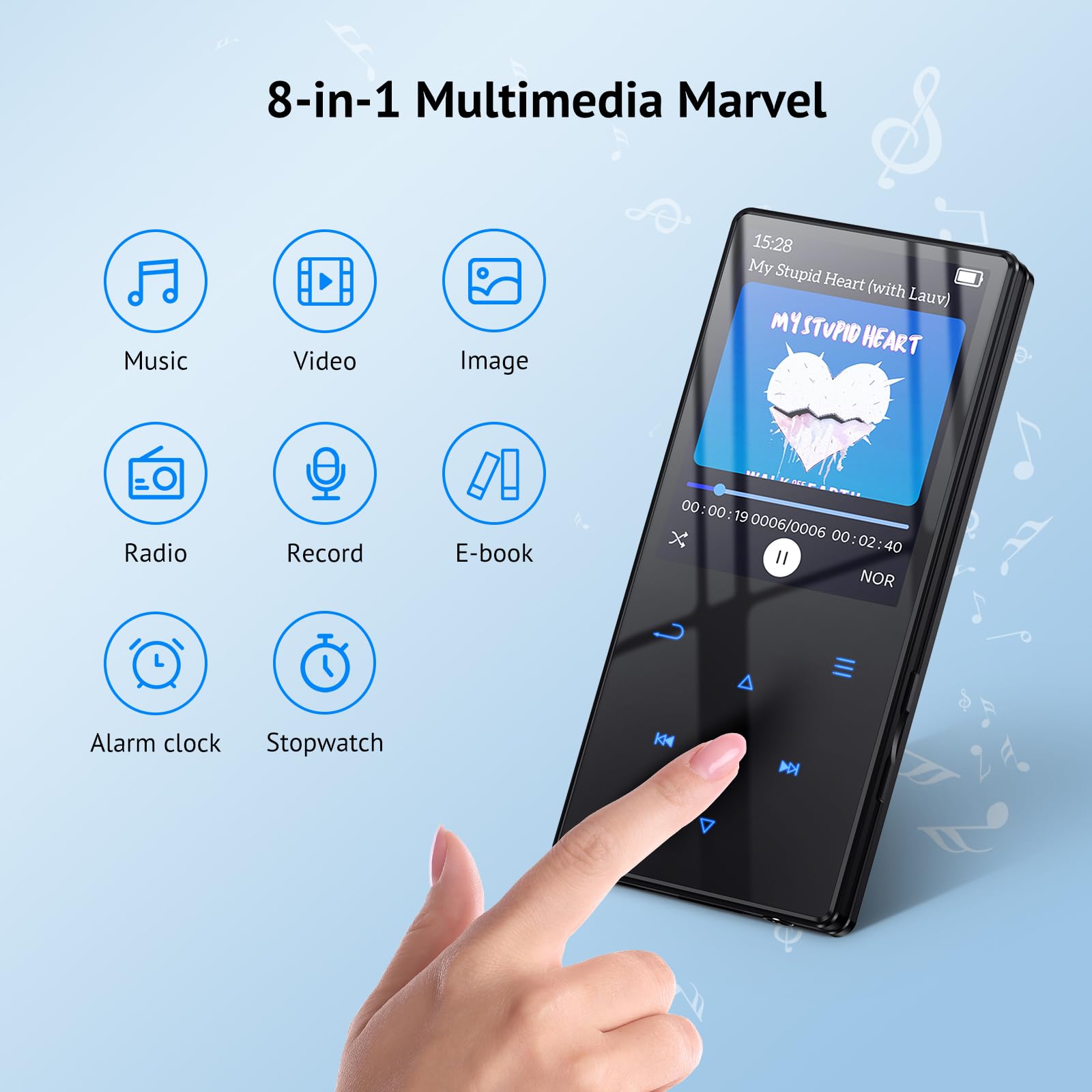 Yottix 64GB MP3 Player with Boosted Bluetooth 5.3, Music Player Features HD Speaker, 2.4" Screen, Touch Buttons, Expandable SD Card Slot, Supports FM Radio, Voice Recorder, E-Book, and More