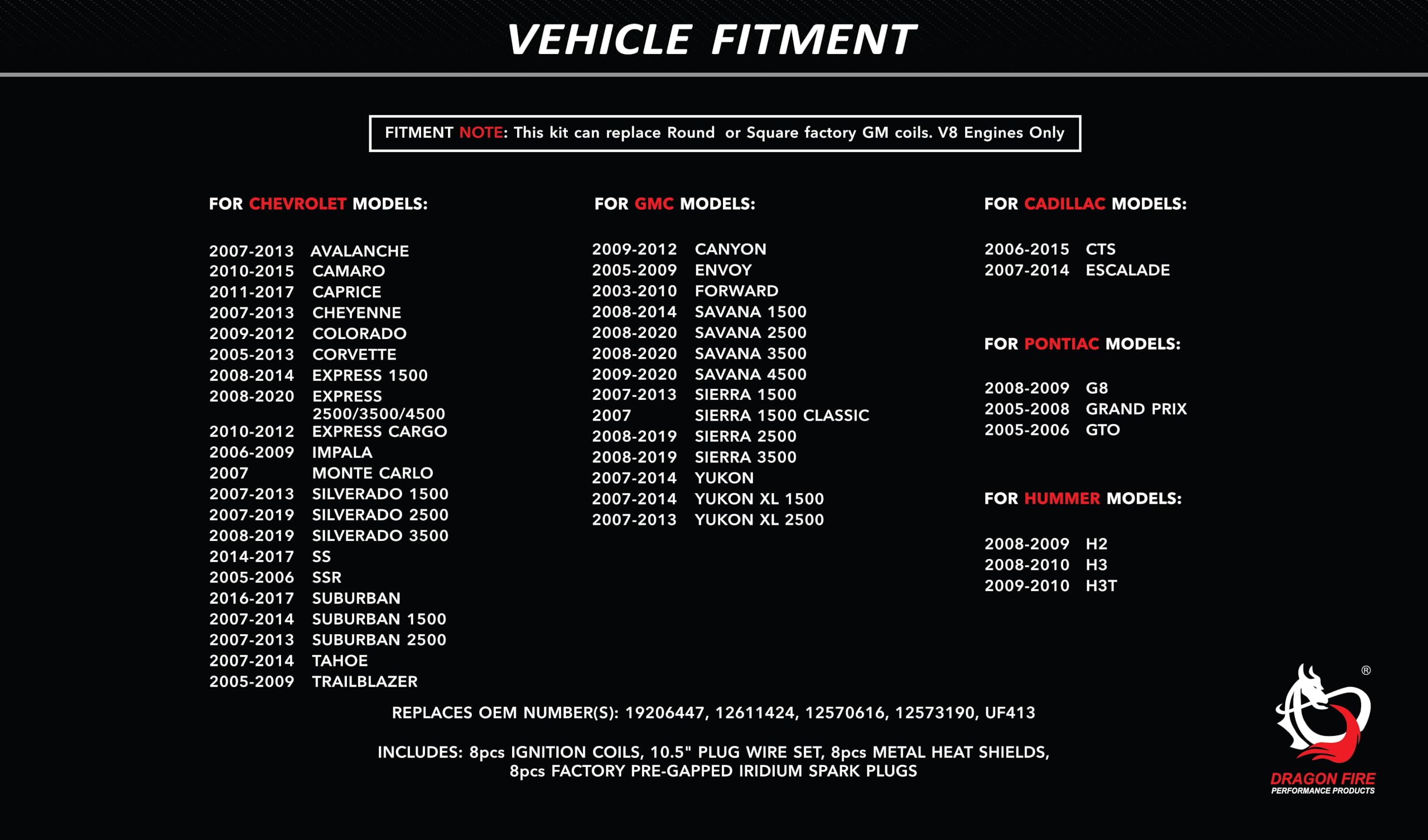 DRAGON FIRE Performance Ignition Power Pack Coils Iridium Spark Plugs Plug Wires OEM Replacement for GM, Chevy, GMC, Cadillac 5.3L 6.0L V8 (Fits 1999-2013 Silverado, Sierra, Tahoe, Suburban, Escalade)