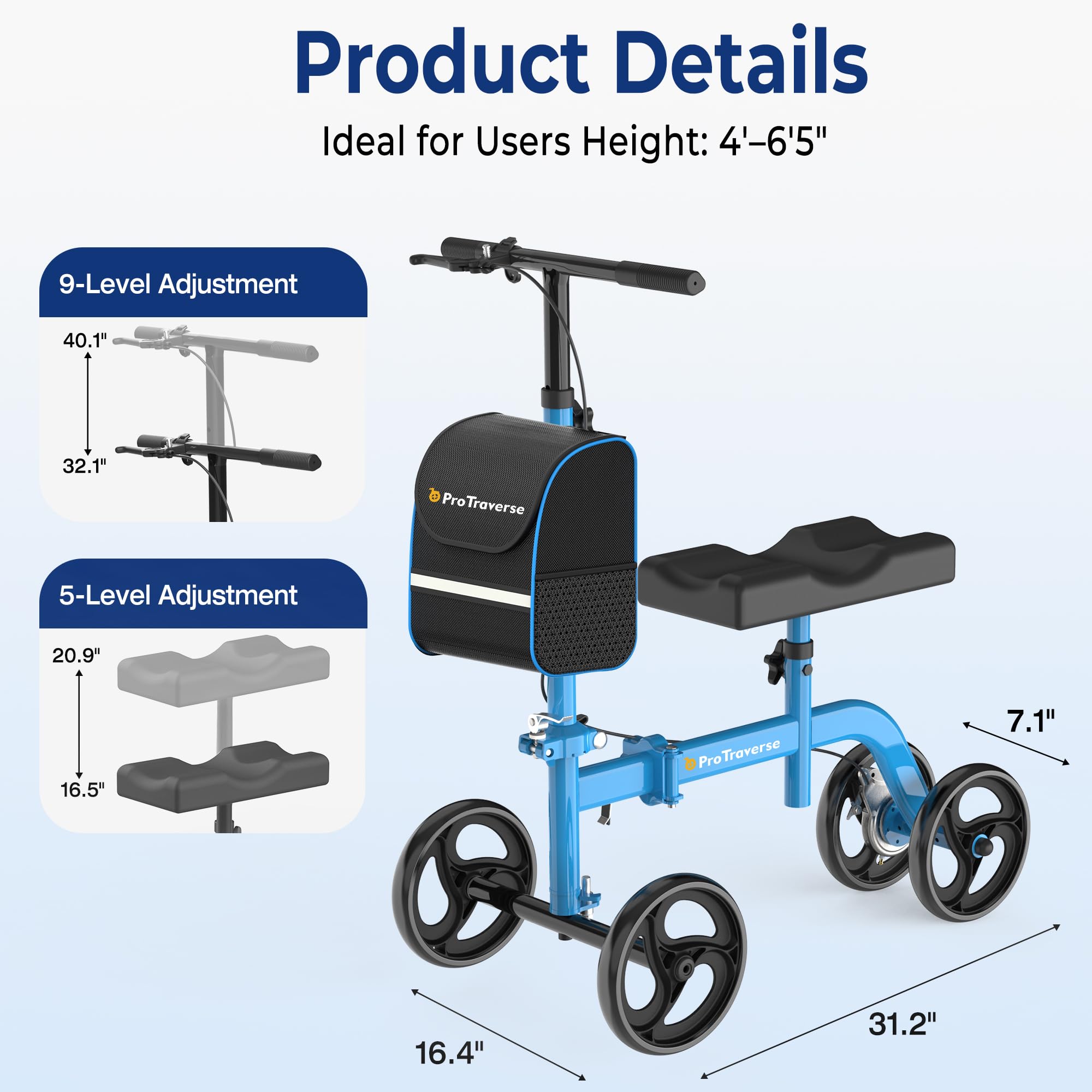 ProTraverse Knee Scooter for Adults, Foldable & Steerable Knee Walker with Comfort Knee Pad, Crutch Alternative for AdultsοΌMedical Mobility Aid for Foot Surgery, Broken Foot & Ankle Injury,Blue