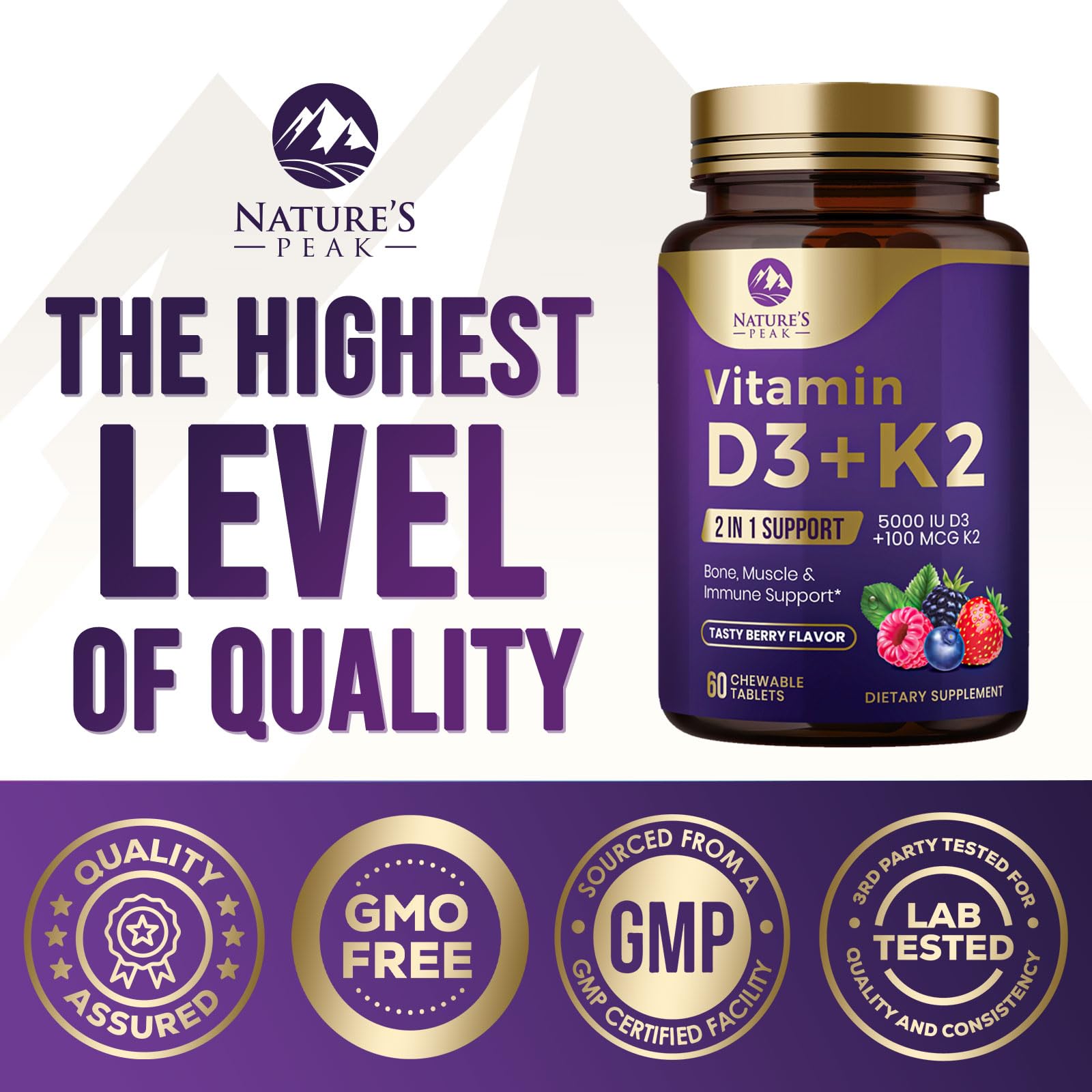 Vitamin D3 K2 - 5000 iu Vitamin D3 & 100 mcg Vitamin K2 (MK-7) Complex for Immune Support - Bone, Teeth & Muscle Health Support - Berry Chewable, Gluten Free, Non-GMO, Bottled in USA - 60 Tablets