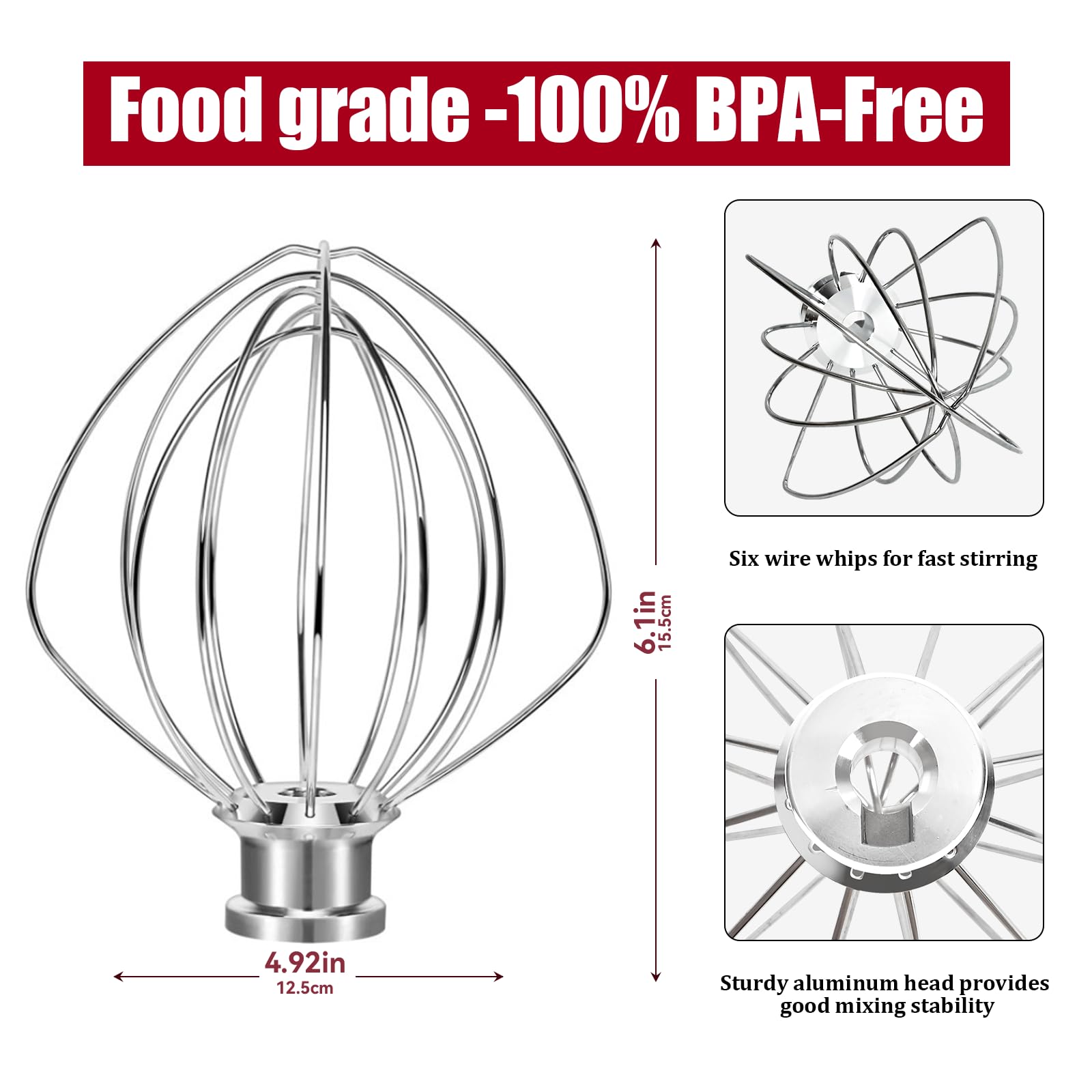 K45WW 6-Wire Whip Attachment Fits KitchenAid Tilt Head Stand Mixer - Egg Heavy Cream Beater, Cakes Mayonnaise Whisk for Kitchen Aid Mixer Accessory Replacement Parts