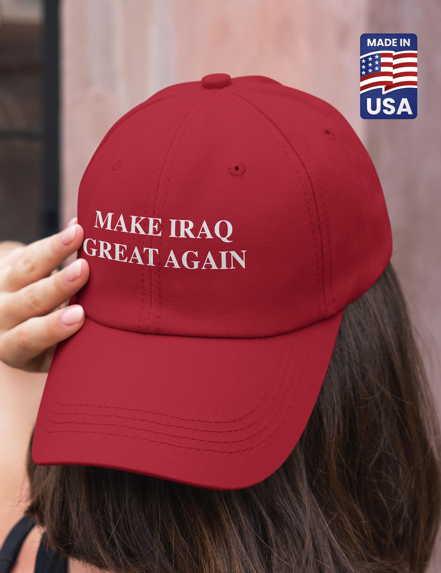 Make Iraq Great Again Hat - Red Washed Cotton Polo Style Dad Cap - Bold White Print Statement Headwear